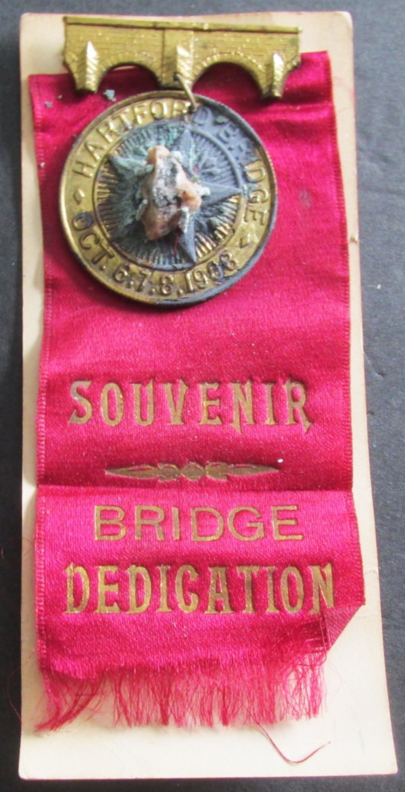 Original Oct 1908 Hartford Ct Bridge Dedication Ribbon w Medal & Stone Sample