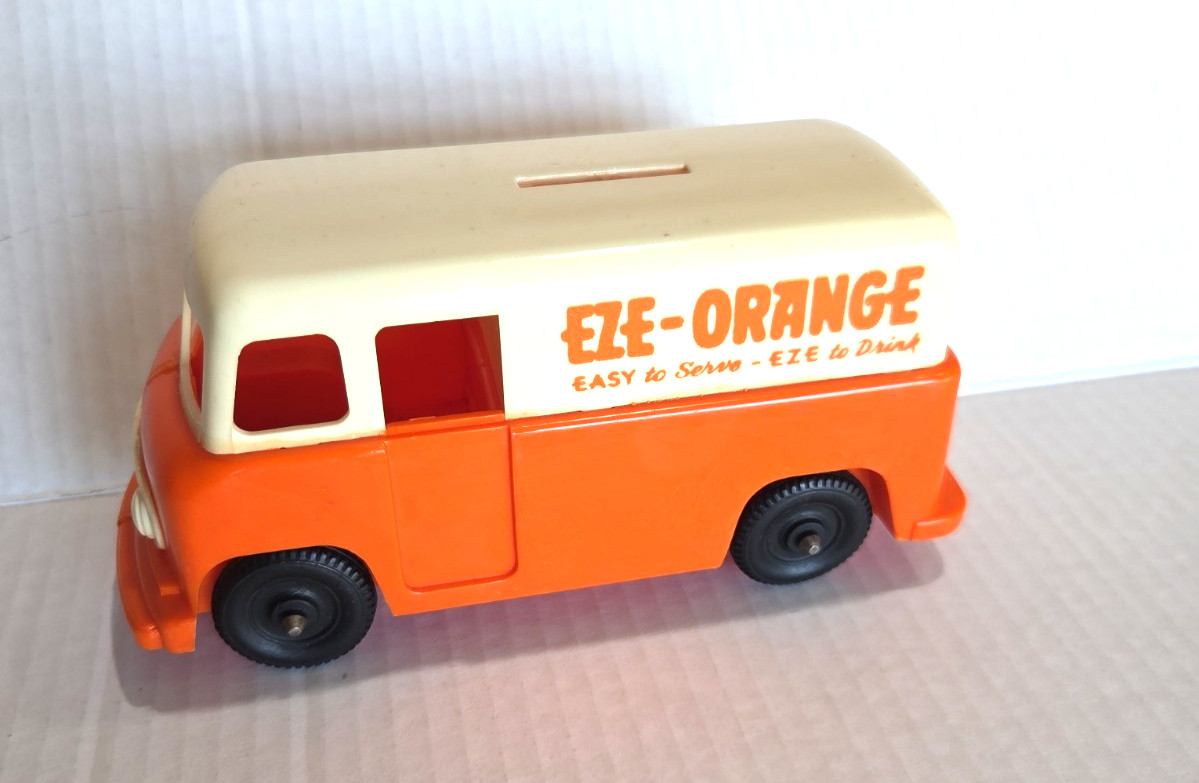 Vintage 1950's EZE Orange Hard Plastic Advertising Coin Bank Toy Truck No Plug