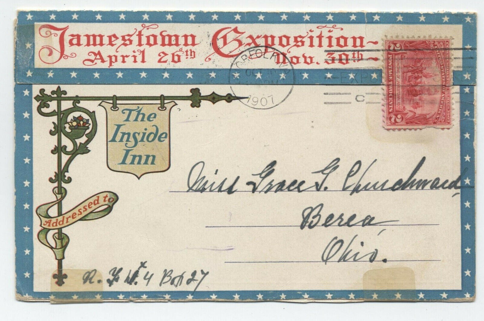 329 JAMESTOWN Tied by EXPO STATION Cancel to INSIDE INN Illus VA 1907 FOLDING PC