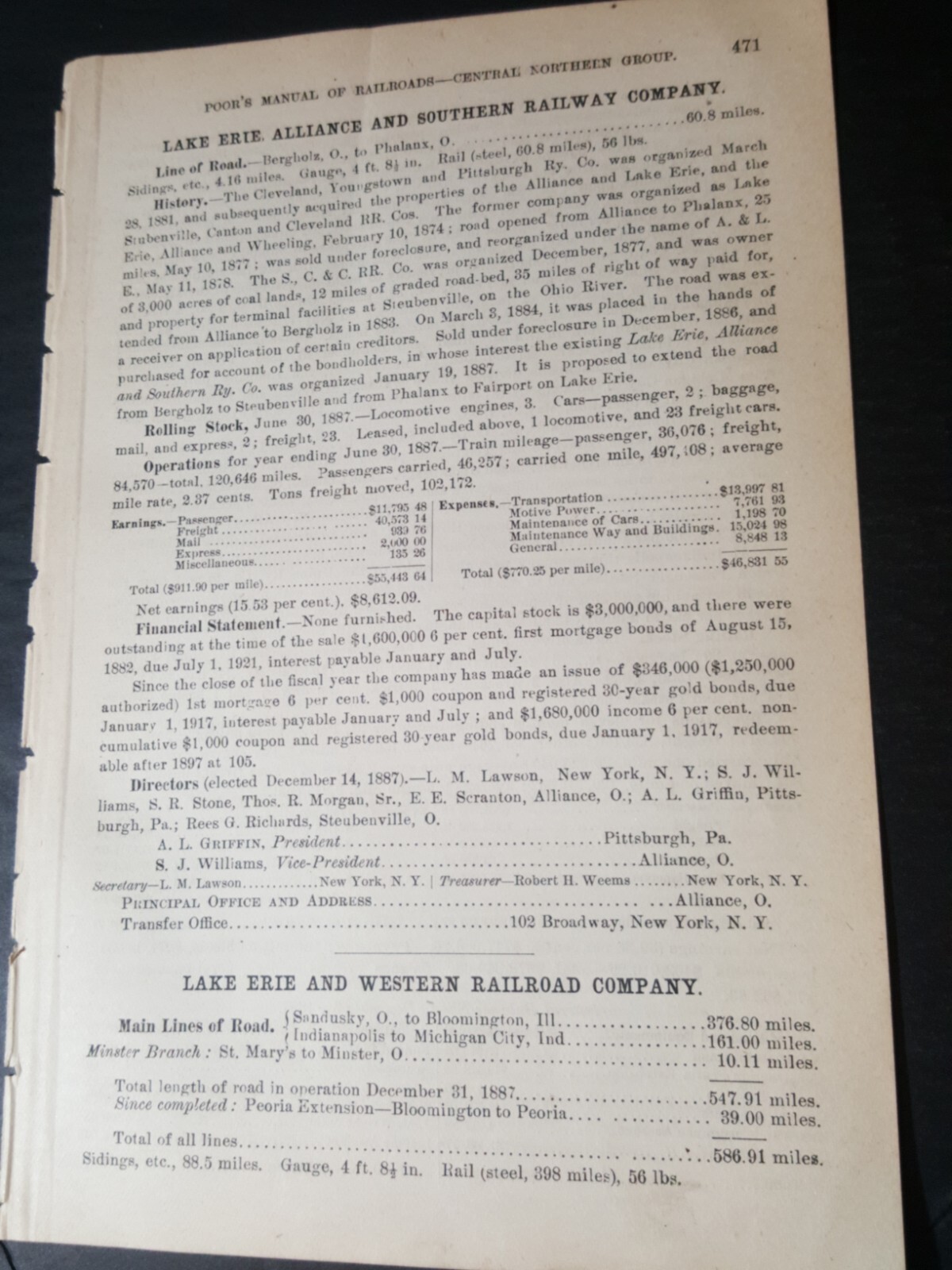 1888 train report LAKE ERIE ALLIANCE & SOUTHERN RAILWAY Bergholz Phalanx Ohio