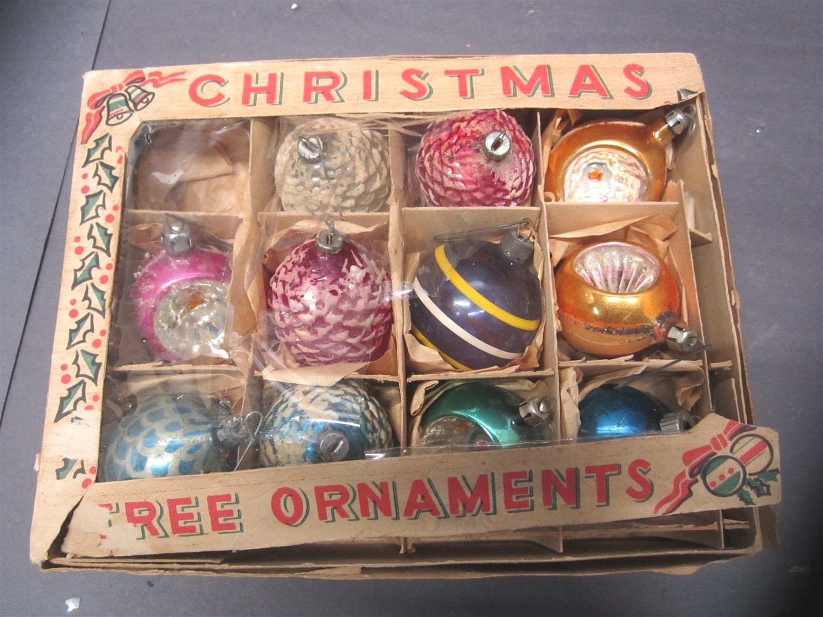 Vintage 1950's Glass Christmas Tree Ornaments Mixed Shapes and Styles - Qty 11