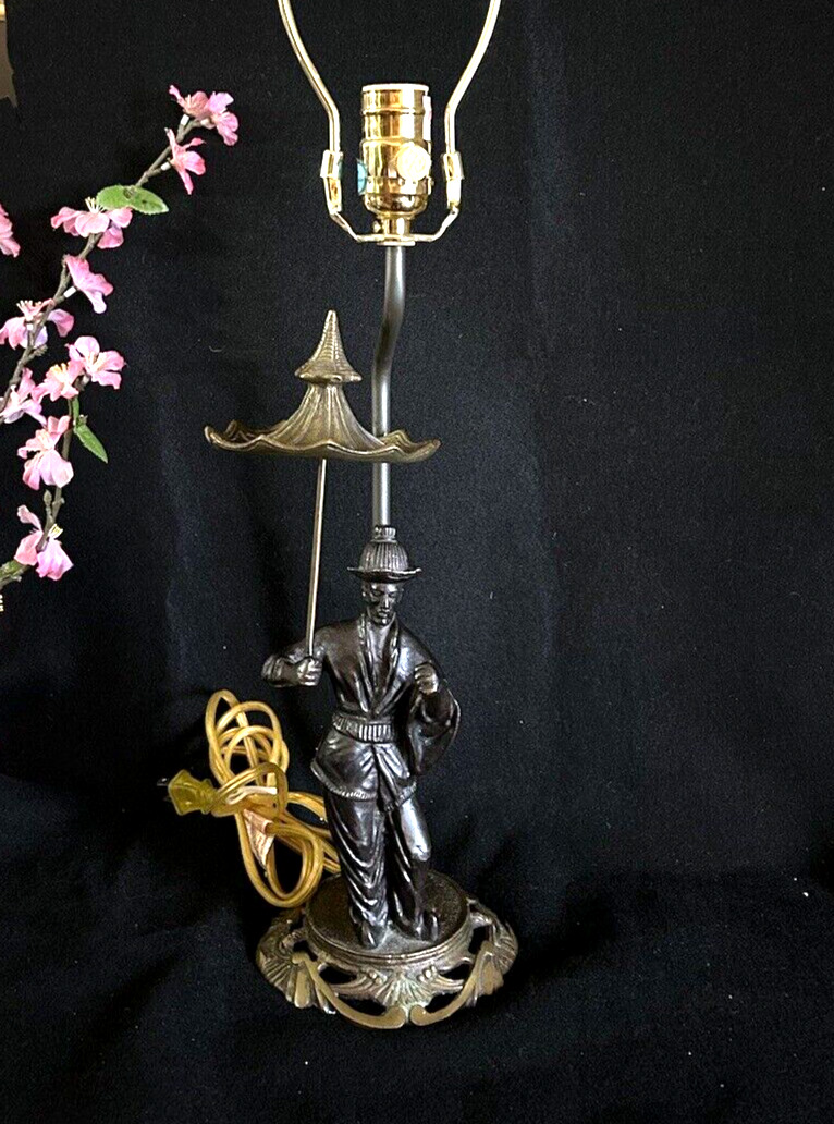 Mid Century Asian Chinoiserie Man With Umbrella Bronze Figural Lamps 27\
