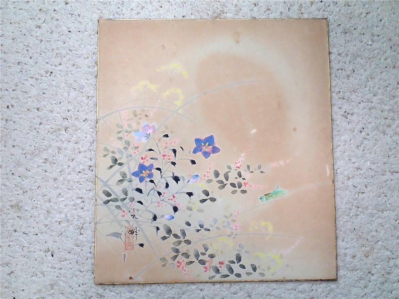 Vintage SHIKISHI Art Board Japan Autumn-grass Grasshopper Hand-Painted H032