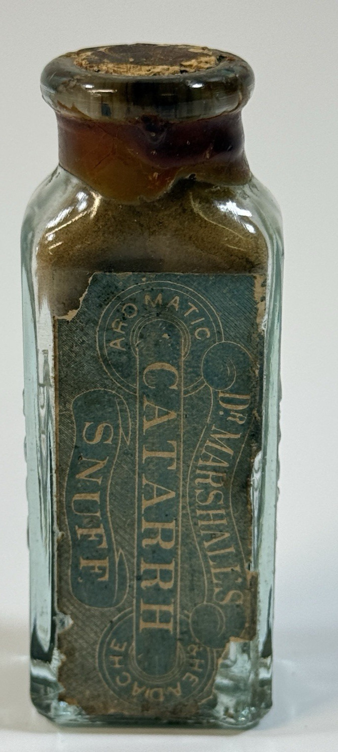 Antique c1890s Dr Marshall’s Catarrh Snuff Bottle Full Labels Contents Cork