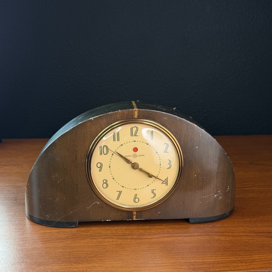 Vintage 1930s wooden mantle clock General Electric wood round Art Deco analog