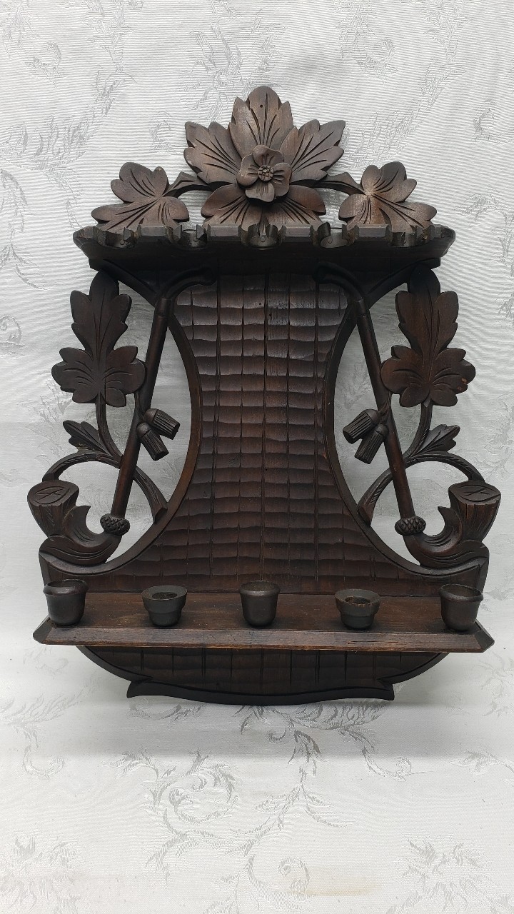 Antique Black Forest Hand-Carved Wood Wall Pipe Rack & Candle Holder 1900's