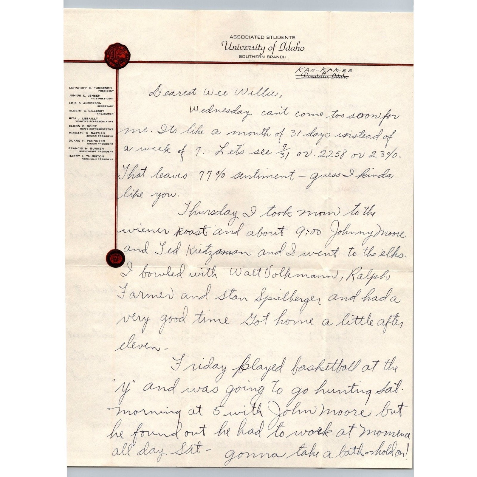 1937 University of Idaho Letterhead Student Letter & Envelope Kankakee ILL