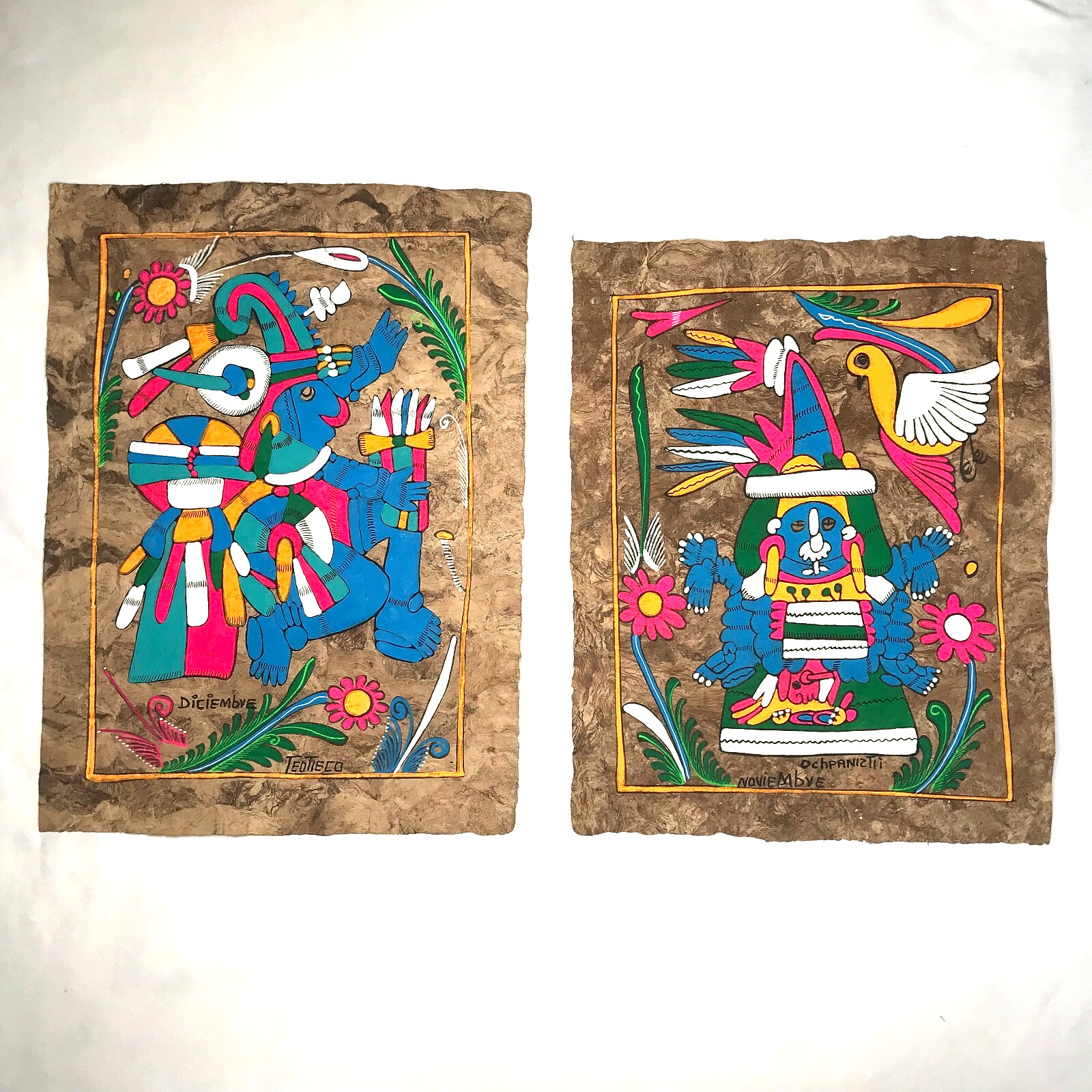 Vtg Mexican Aztec Folk Art Calendar Amate Bark Paintings, Unframed - Set Of 2