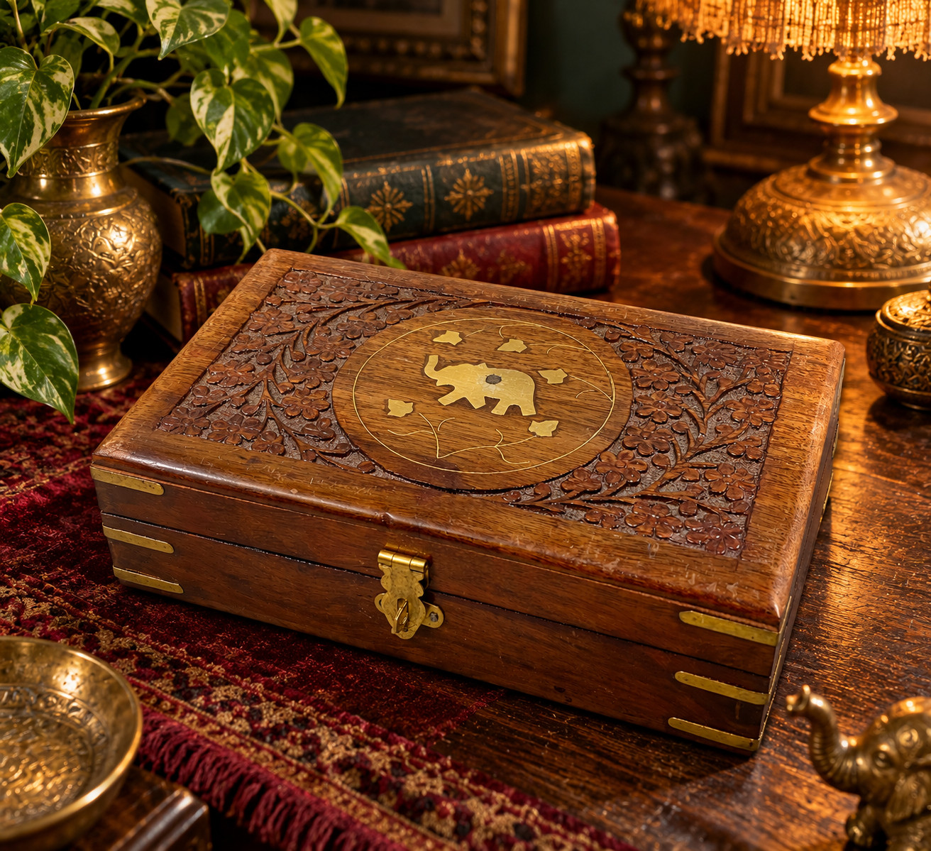 Vintage India Carved Wood Brass Elephant Inlay Jewelry Trinket Box Velvet Lined
