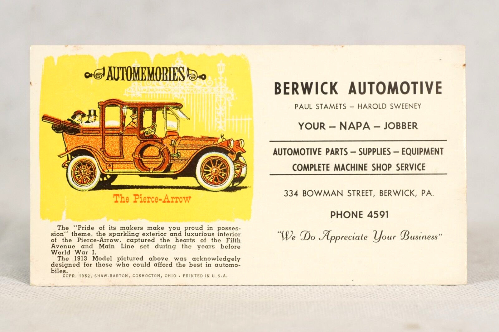 Pierce Arrow Automobile, Berwick Automotive Auto Parts Advertising Blotter 1952