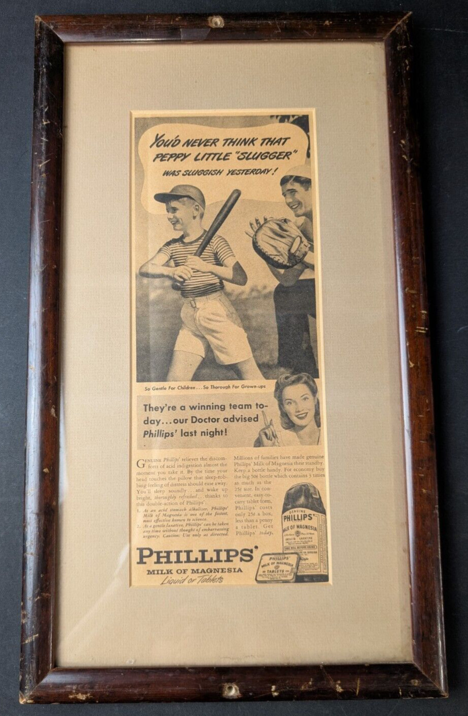 Vintage 1940's Phillips' Milk of Magnesia Ad 10x18 Framed Newspaper Clipping