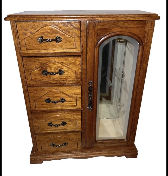 Pretty Vintage Linden Japan Jewelry Box Glass Door Oak 5 Drawer Pretty Vintage Linden Japan Jewelry Box Glass Door Oak 5 Drawer
