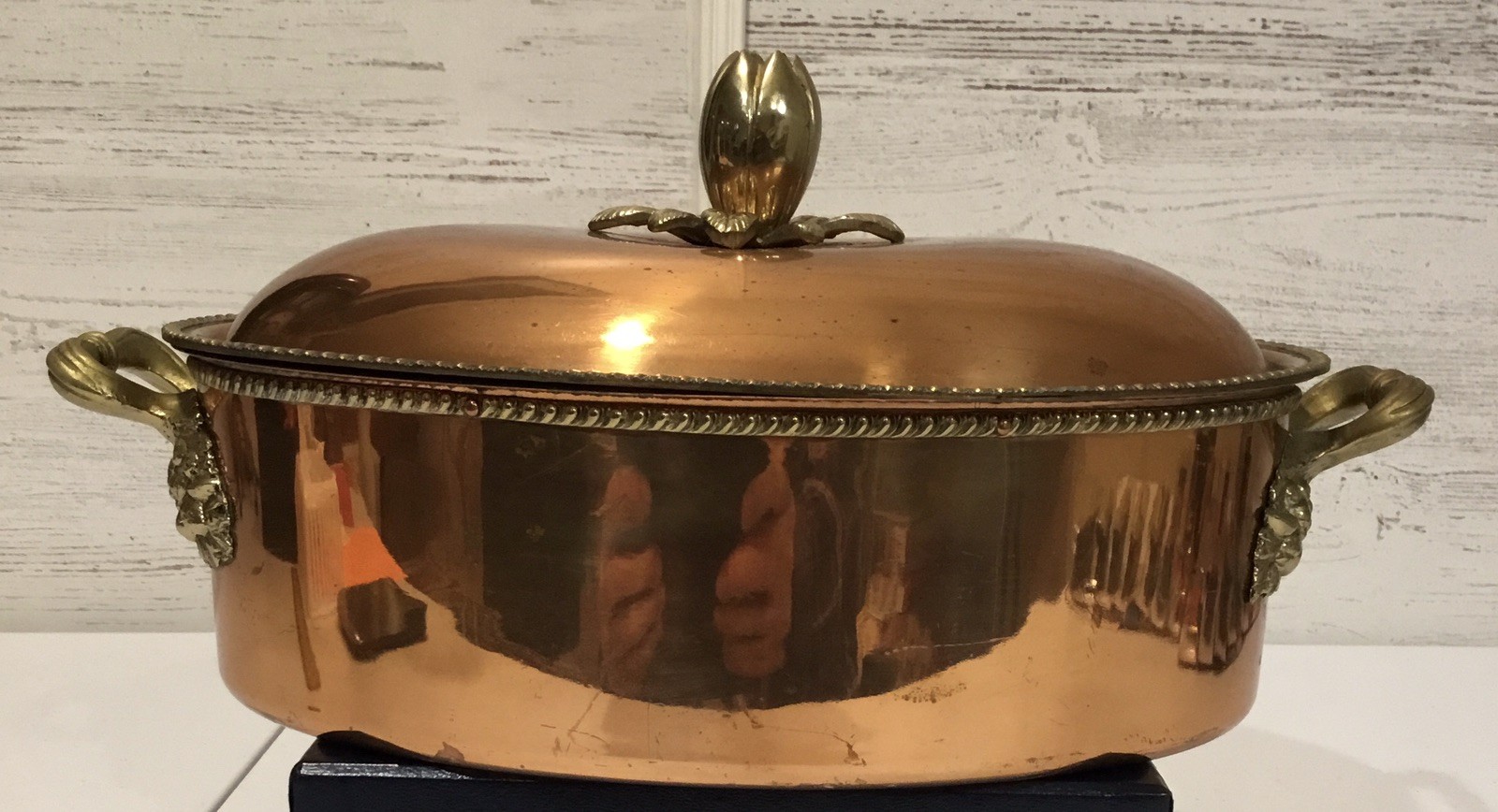 Rare Vintage Italian Made 1960s Oval Copper And Brass Trimmed Casserole Dish
