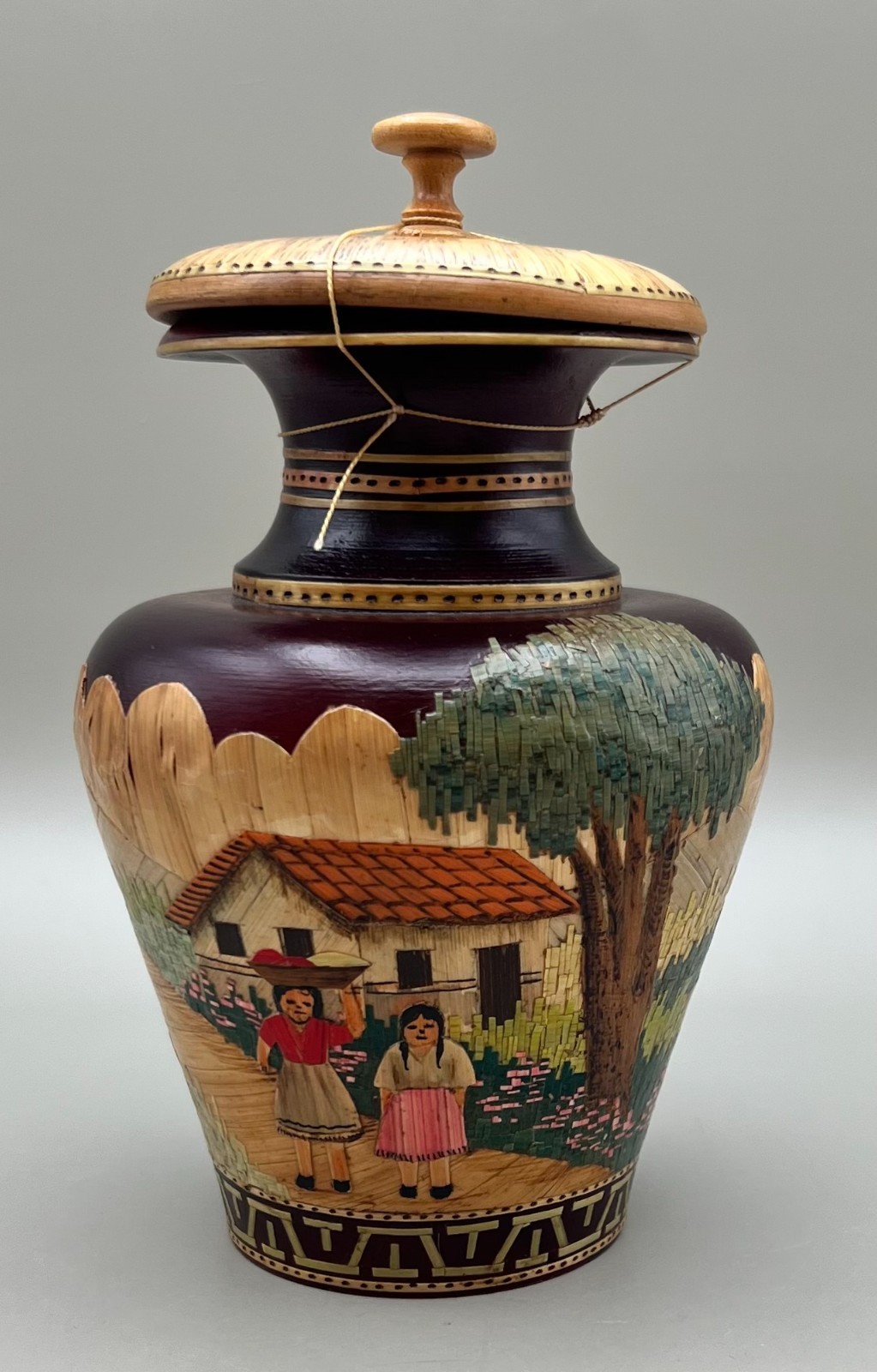 VTG Handcrafted Woven Wood Vase Folk Art Jar with Lid of Latin America Signed