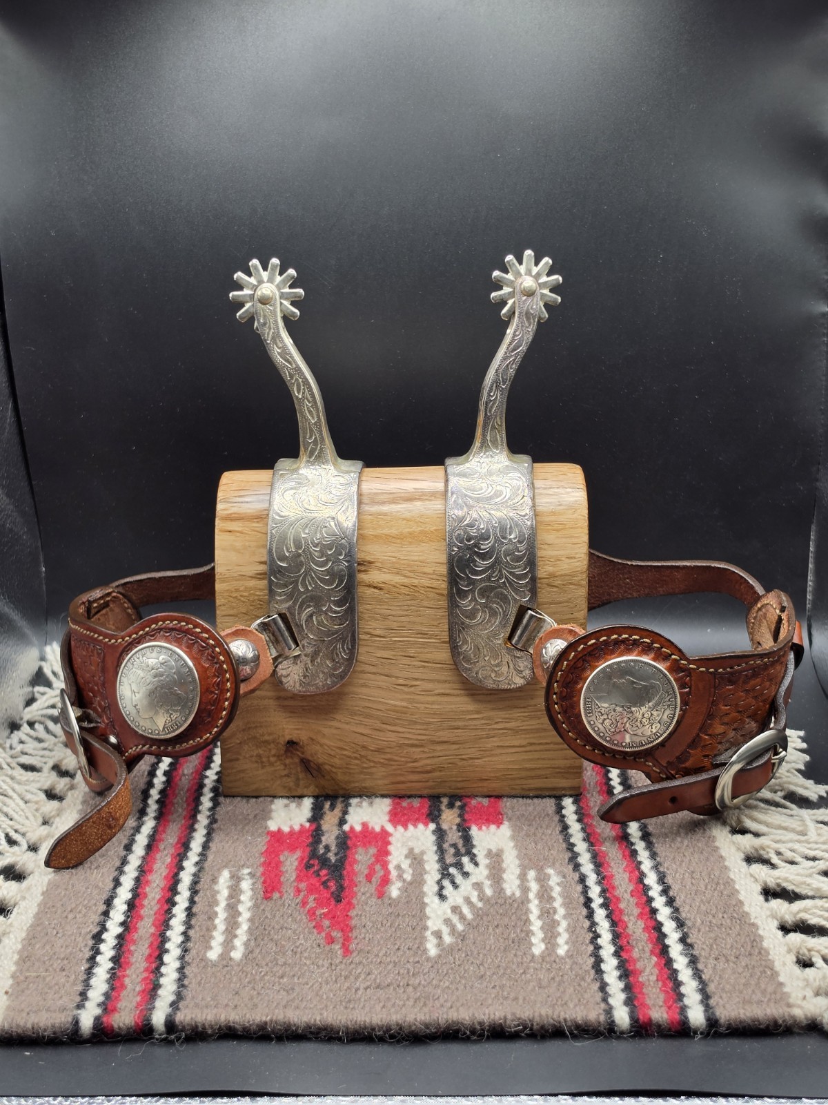 Handmade Tooled Sterling Overlay Spurs With Straps And Morgan Dollar Conchos