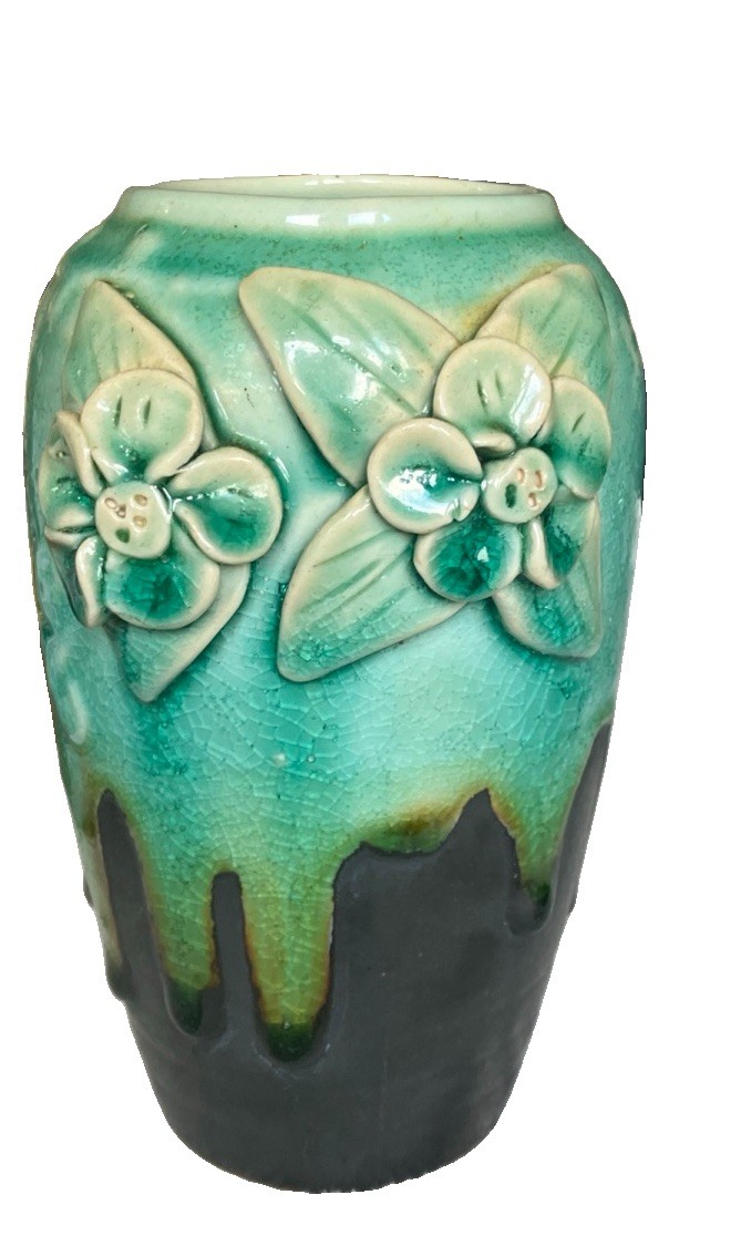 Vintage Clay Ceramic Vase Turquoise Teal Brown Drip Crackle Glaze 3D Floral Vintage Clay Ceramic Vase Turquoise Teal Brown Drip Crackle Glaze 3D Floral