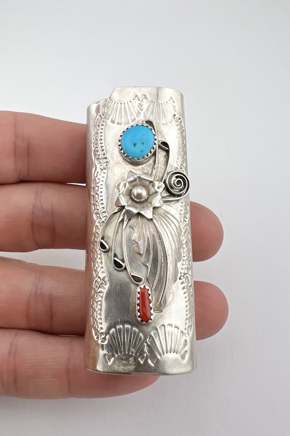 Vtg Navajo Sterling Silver Natural Turquoise & Coral Lighter Case 2.75\