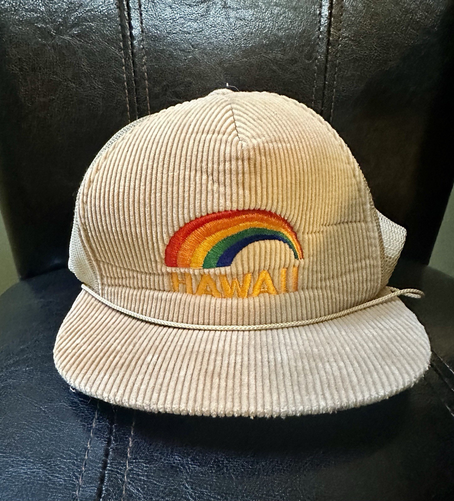 Vintage 1980s Hawaii Headwear Corduroy Embroidered Rainbow Trucker Hat Mesh Back