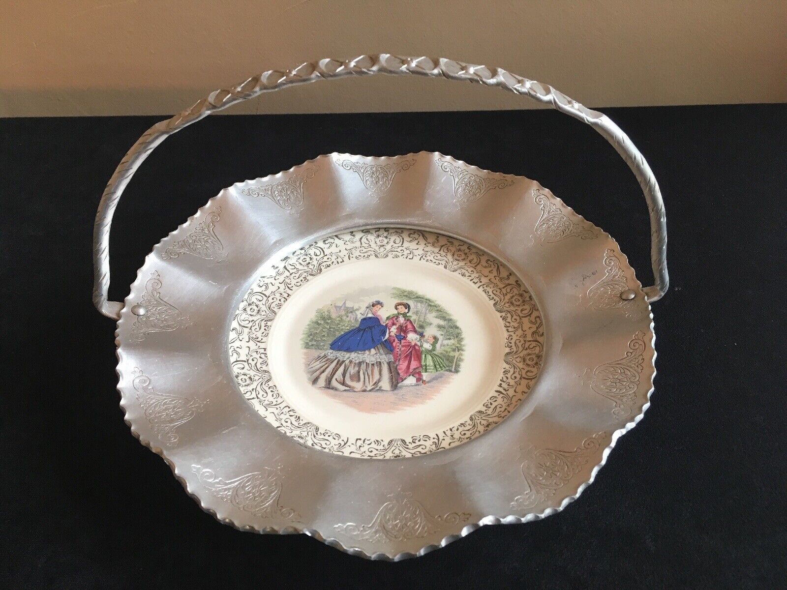 Farber & Shlevin Aluminum Handled Tray w/Porcelain Inset of Victorian Ladies