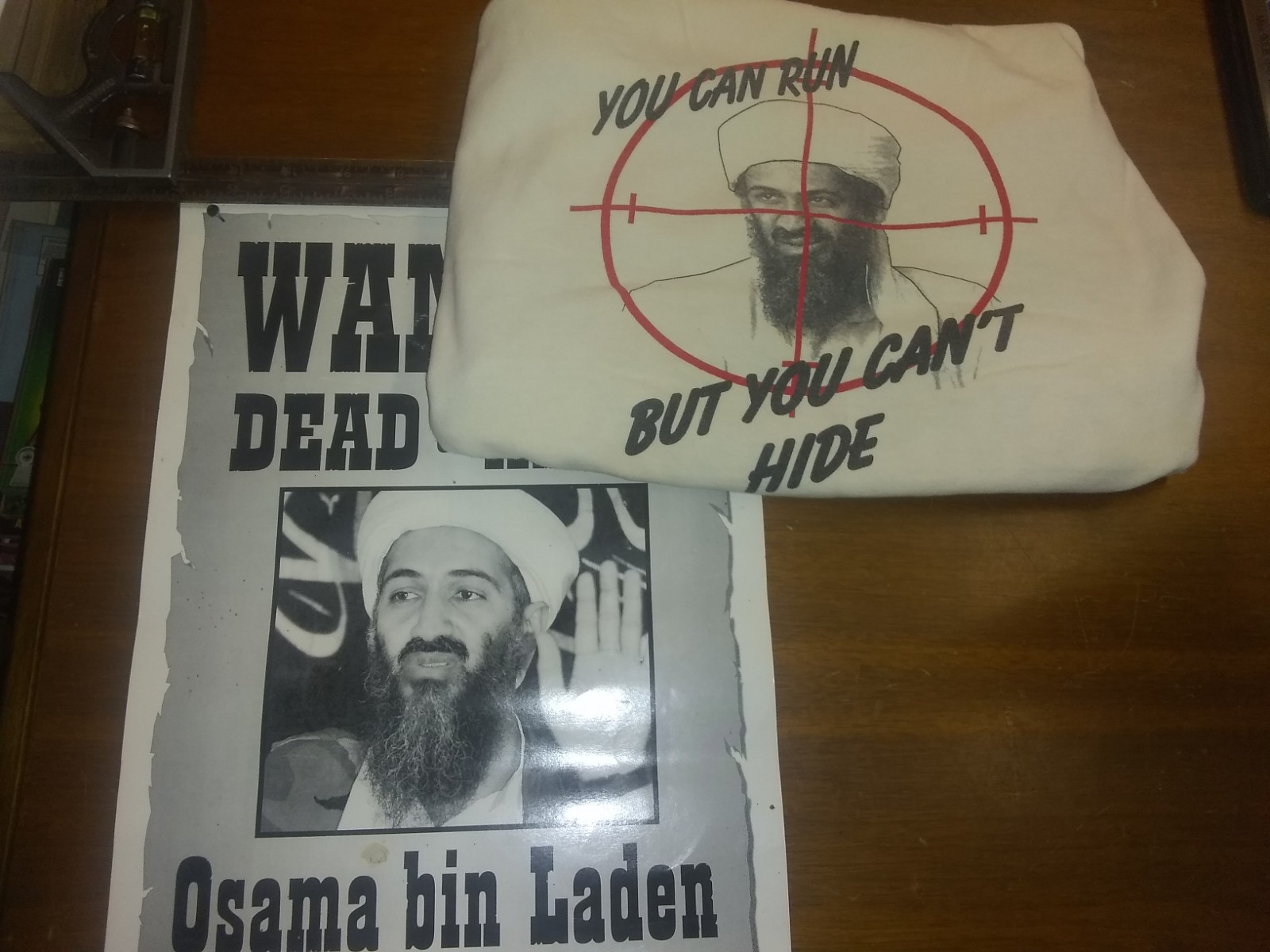 Vintage Osama Bin Laden You can Run Shirt Medium & Wanted Dead or Alive Poster