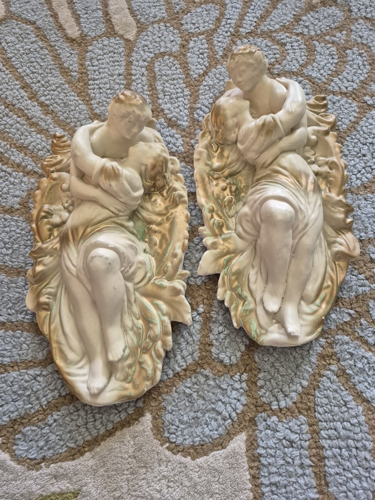 Pair Of Beautiful Vintage Plaster Wall Plaque Lovers Art Nouveau Style