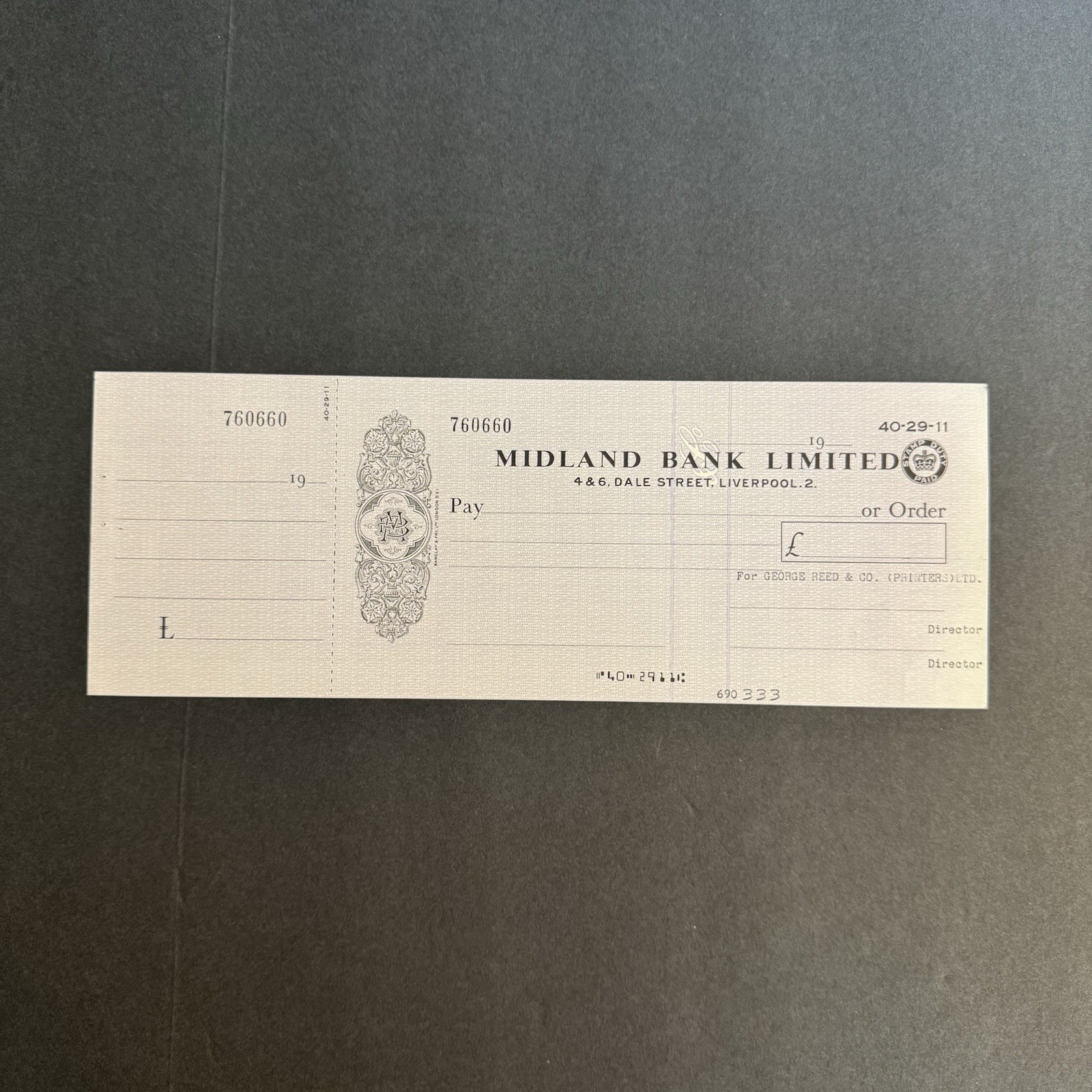 Vintage Midland Bank Limited Blank Cheque Liverpool Dale St Stamp Duty Paid Rare