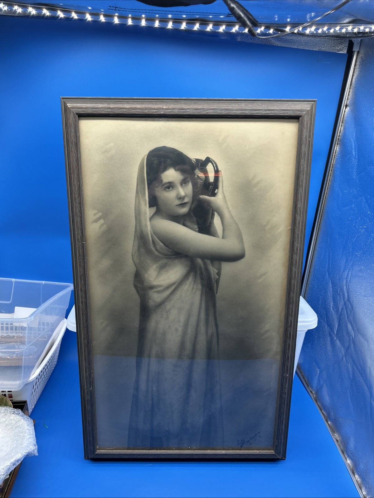VTG Stencil Art framed black &Bwhite photograph of a woman holding a vase 1900s