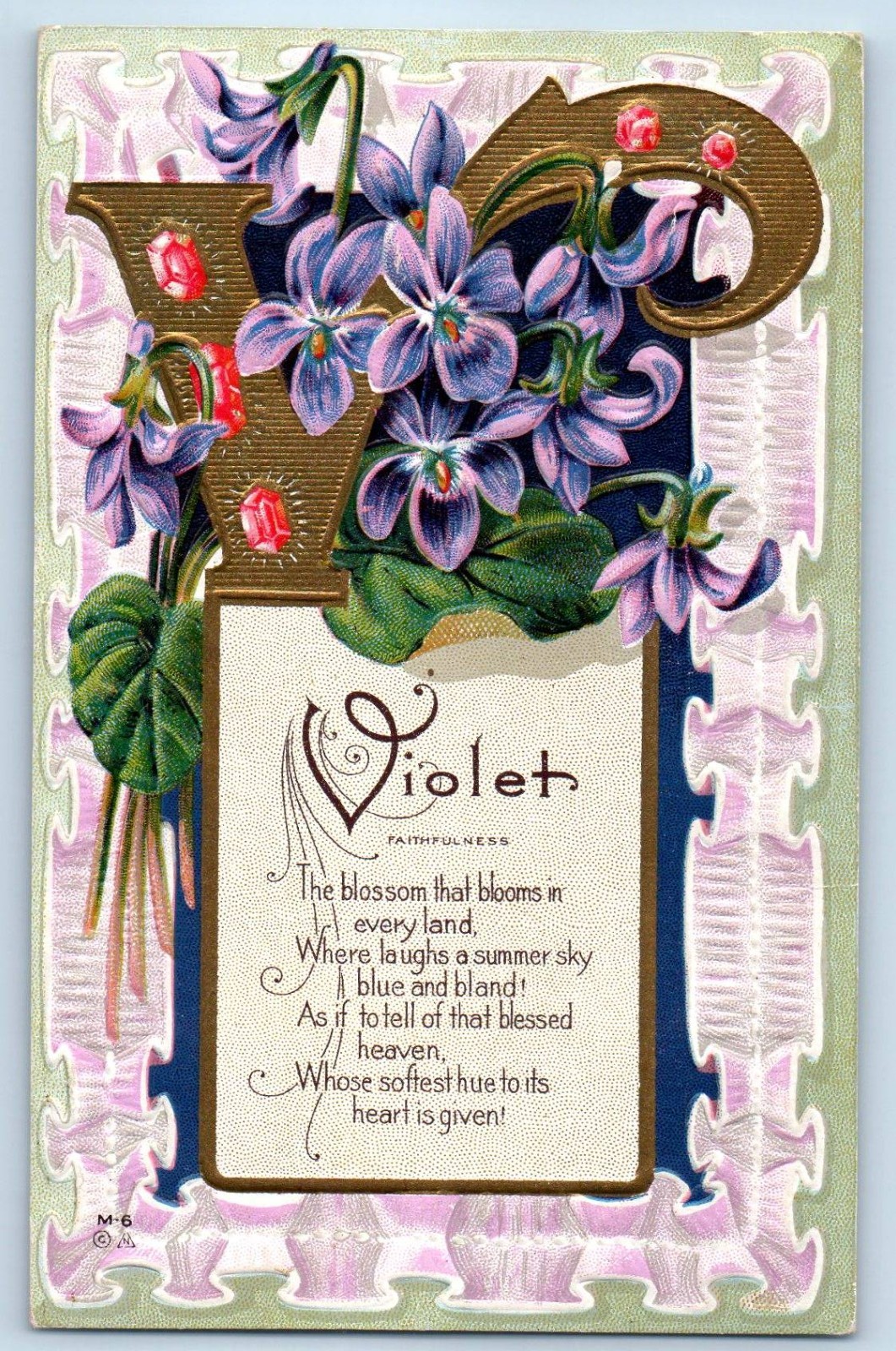 c1910's Large Letter V Violet Flowers Gemstones Motto Embossed Antique Postcard c1910's Large Letter V Violet Flowers Gemstones Motto Embossed Antique Postcard