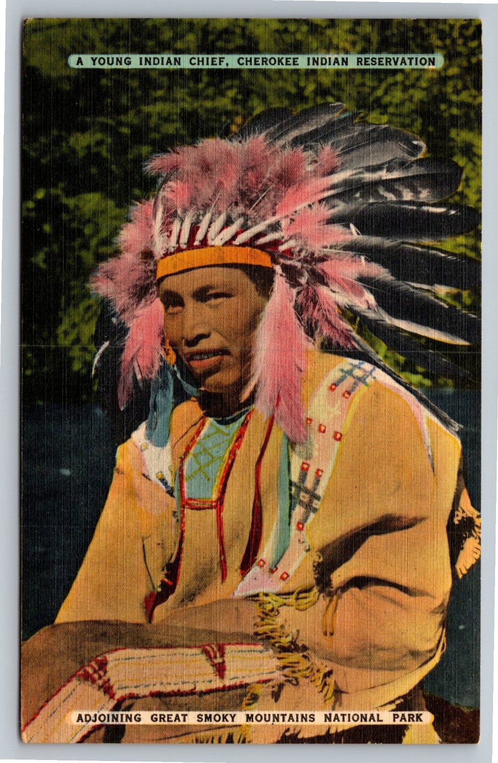1952 Cherokee Indian Chief Postcard Great Smoky Mtns Asheville NC Linen