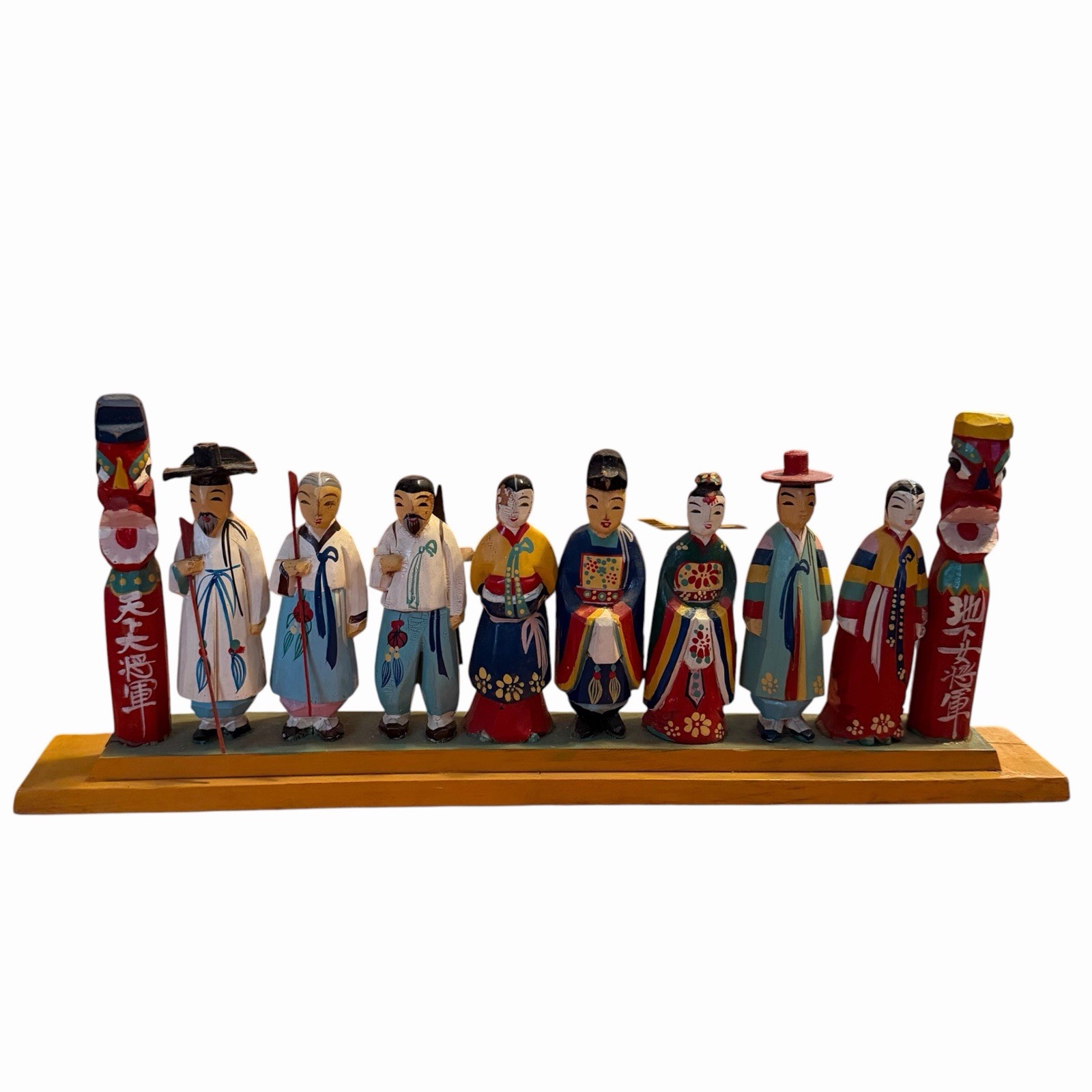 VTG Korean Wood Carved Totem Figurine Set Hand Painted Hanbok Dolls Totem 12.5 VTG Korean Wood Carved Totem Figurine Set Hand Painted Hanbok Dolls Totem 12.5