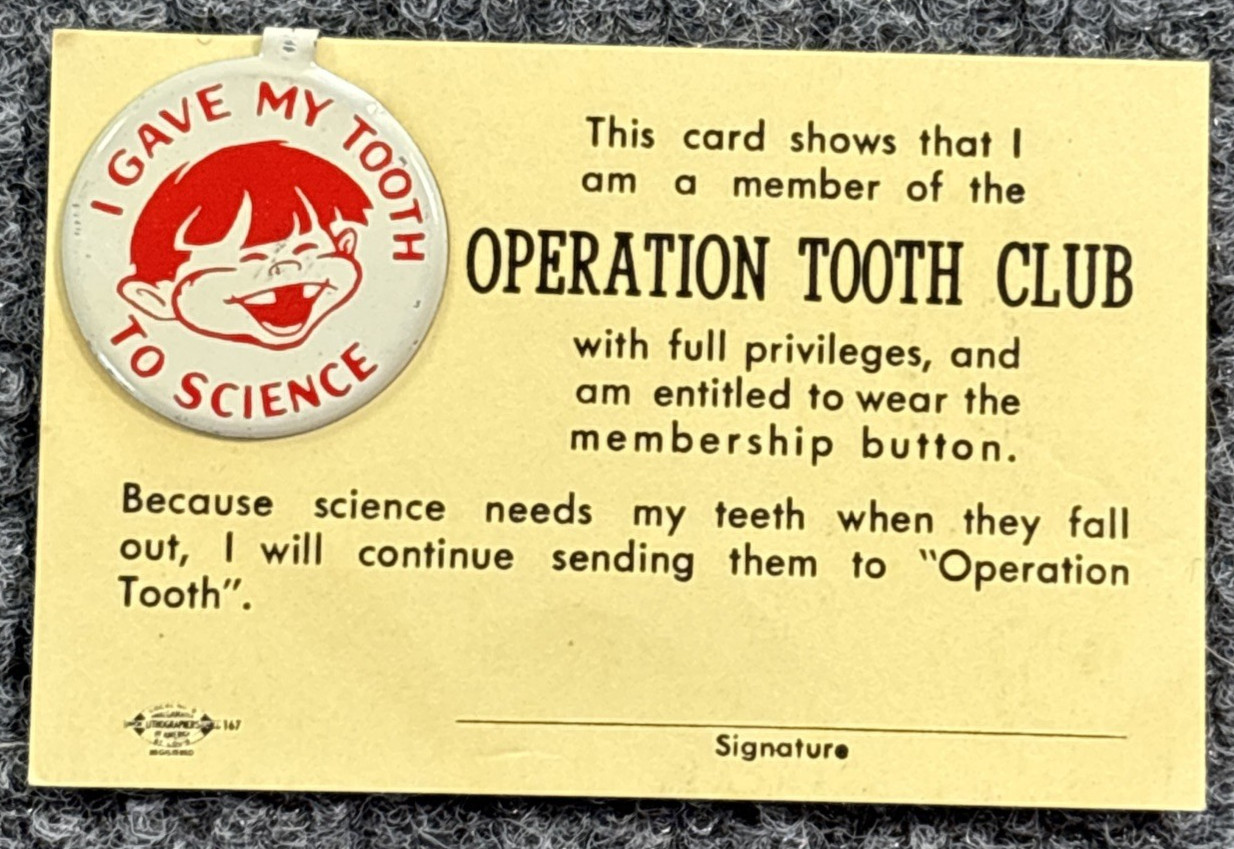 Vintage Operation Tooth Club Card Pin St Louis Baby Tooth Survey Atomic Cold War