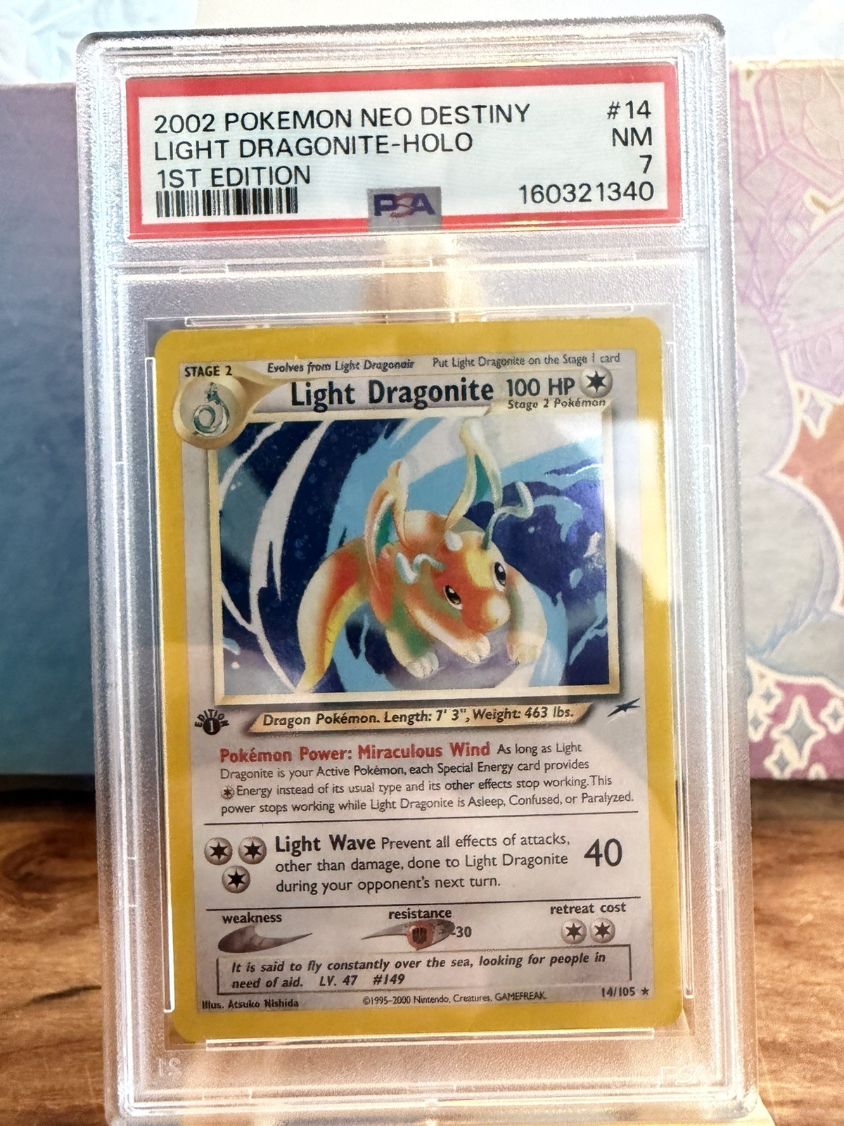 NEW CERT PSA 7 1st Edition Light Dragonite 14/105 Neo Destiny Holo Pokemon Card