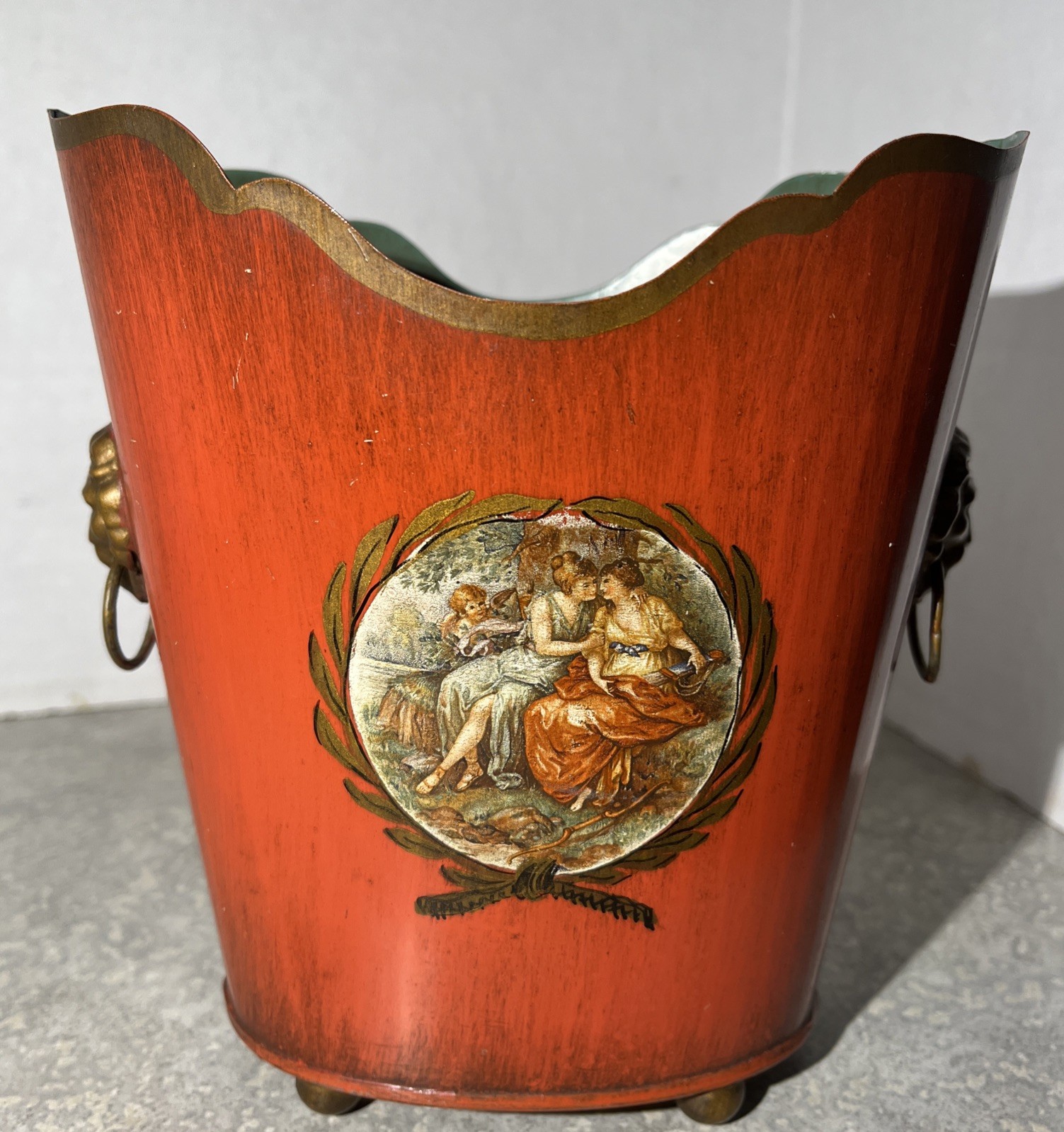 Vintage French Tole Women w/ Cherub Cache Pot w/ Lion Head Ring Handles-796 Vintage French Tole Women w/ Cherub Cache Pot w/ Lion Head Ring Handles-796