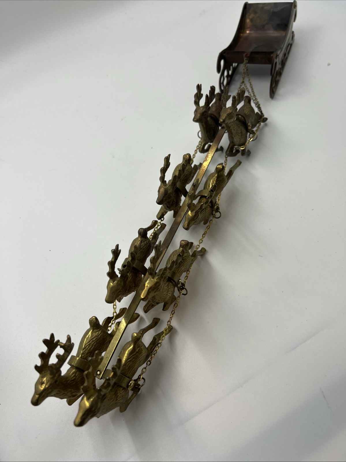 Vintage Solid Brass Christmas Sleigh With 8 Reindeer RARE W/Box