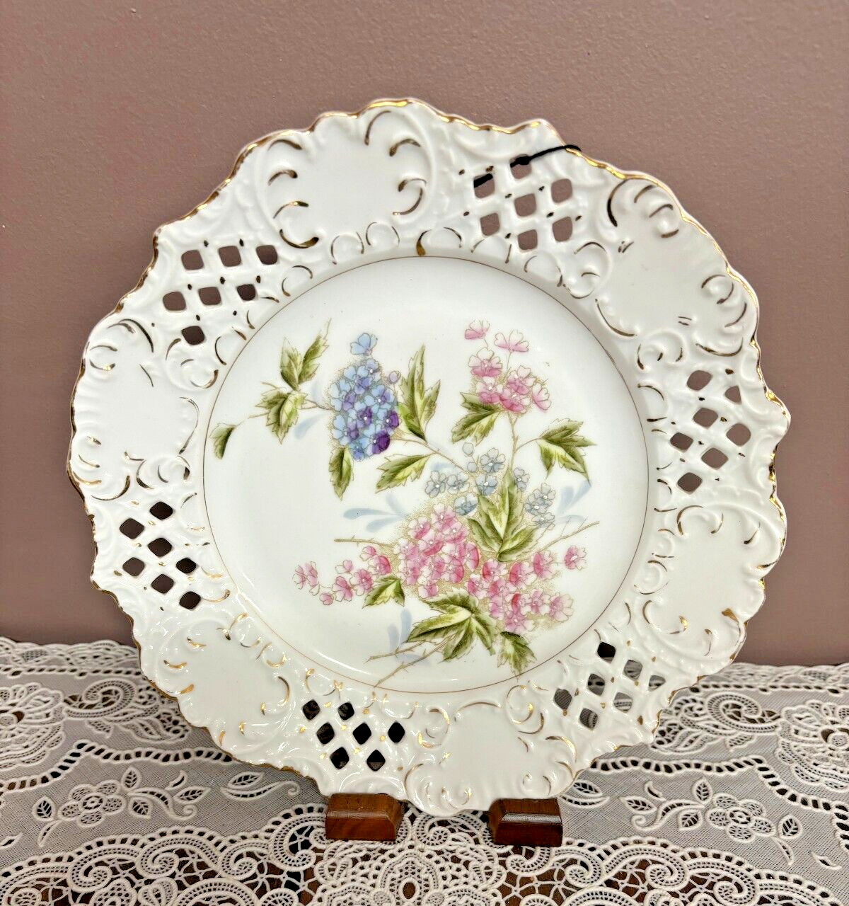 Vintage Porcelain Lattice Edge Floral Plate  Gesetzlich Geschutzt - Marked