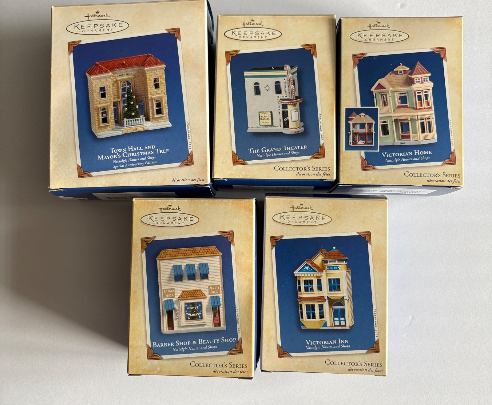 HALLMARK NOSTALGIC HOUSES & SHOPS LOT OF 5 MIB WITH CARDS