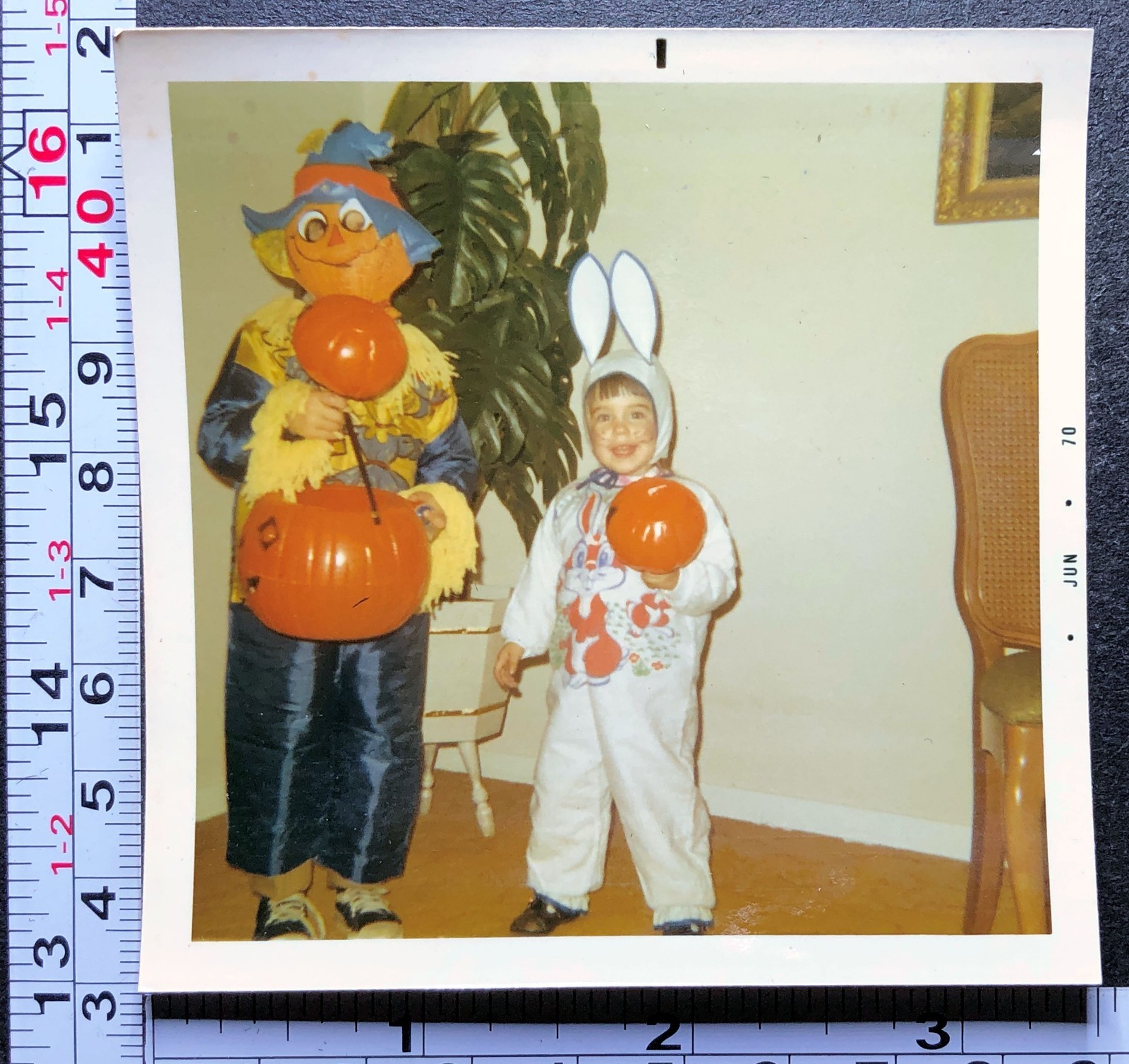 1970 Children HALLOWEEN Costumes Bunny Vintage Color Photograph Snapshot