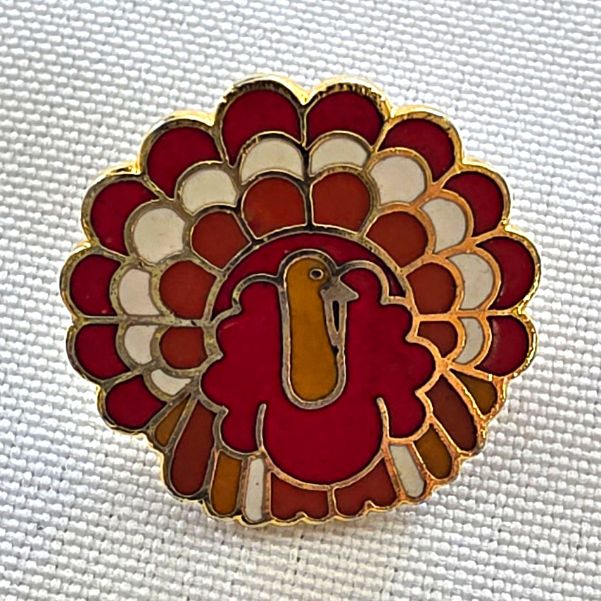 Vintage 1987 Hallmark Thanksgiving Turkey Enamel Lapel Pin Gold Tone Ballou Back