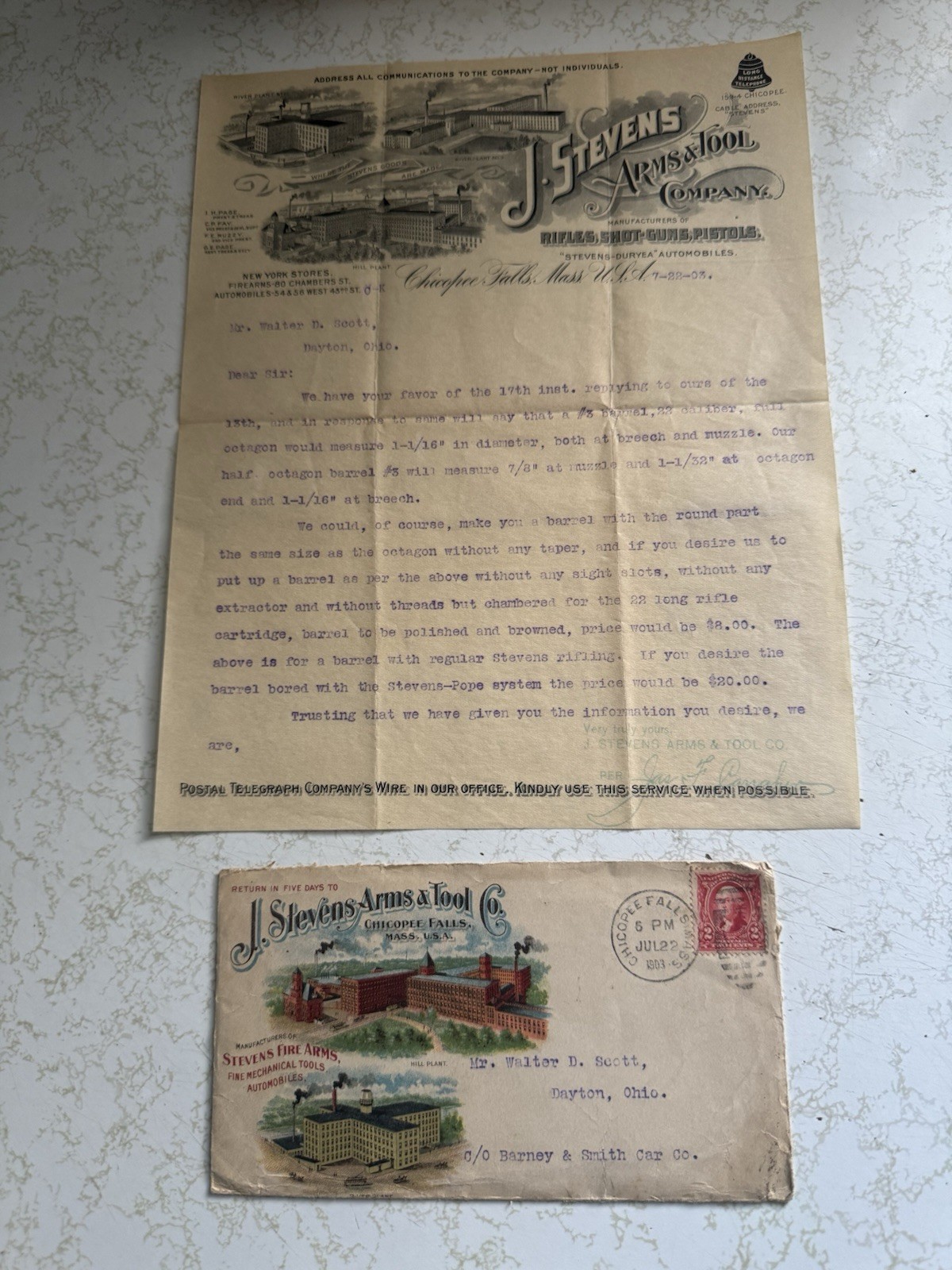 Antique J. Steven’s Arms & Tool Company Letterhead And Envelope Advertising 1903