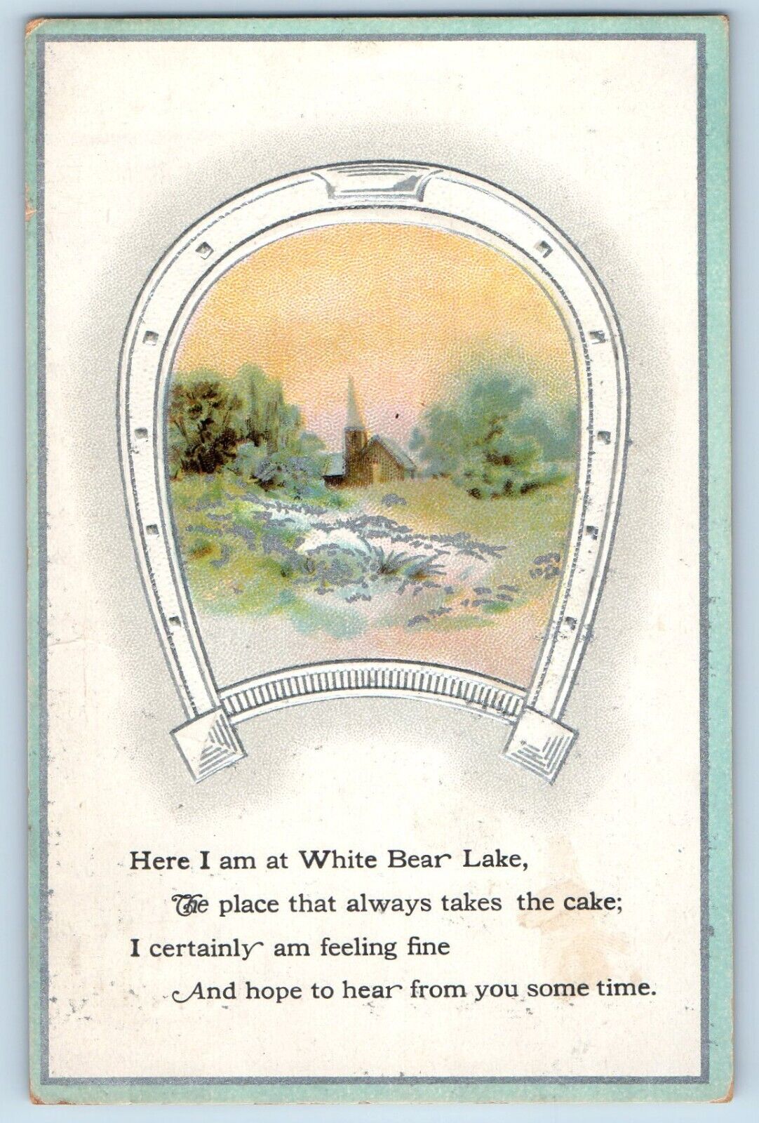 White Bear Minnesota Postcard White Bear Lake Horseshoe Embossed c1914 Vintage