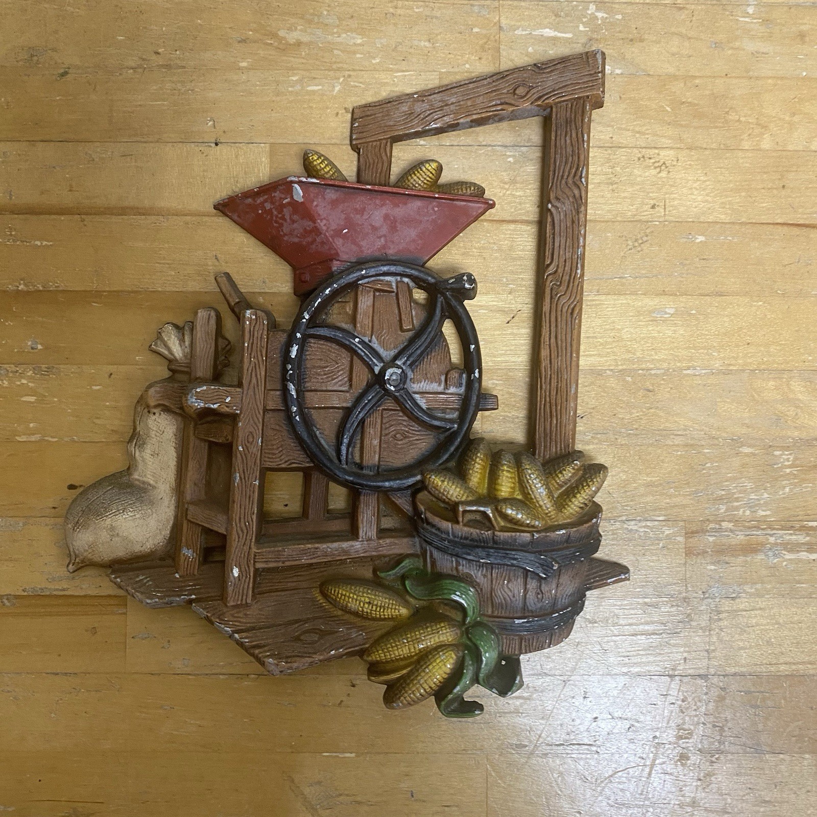 Vintage 1978 Homco Cast Metal 3D Corn Mill/Sheller Wall Art Plaque