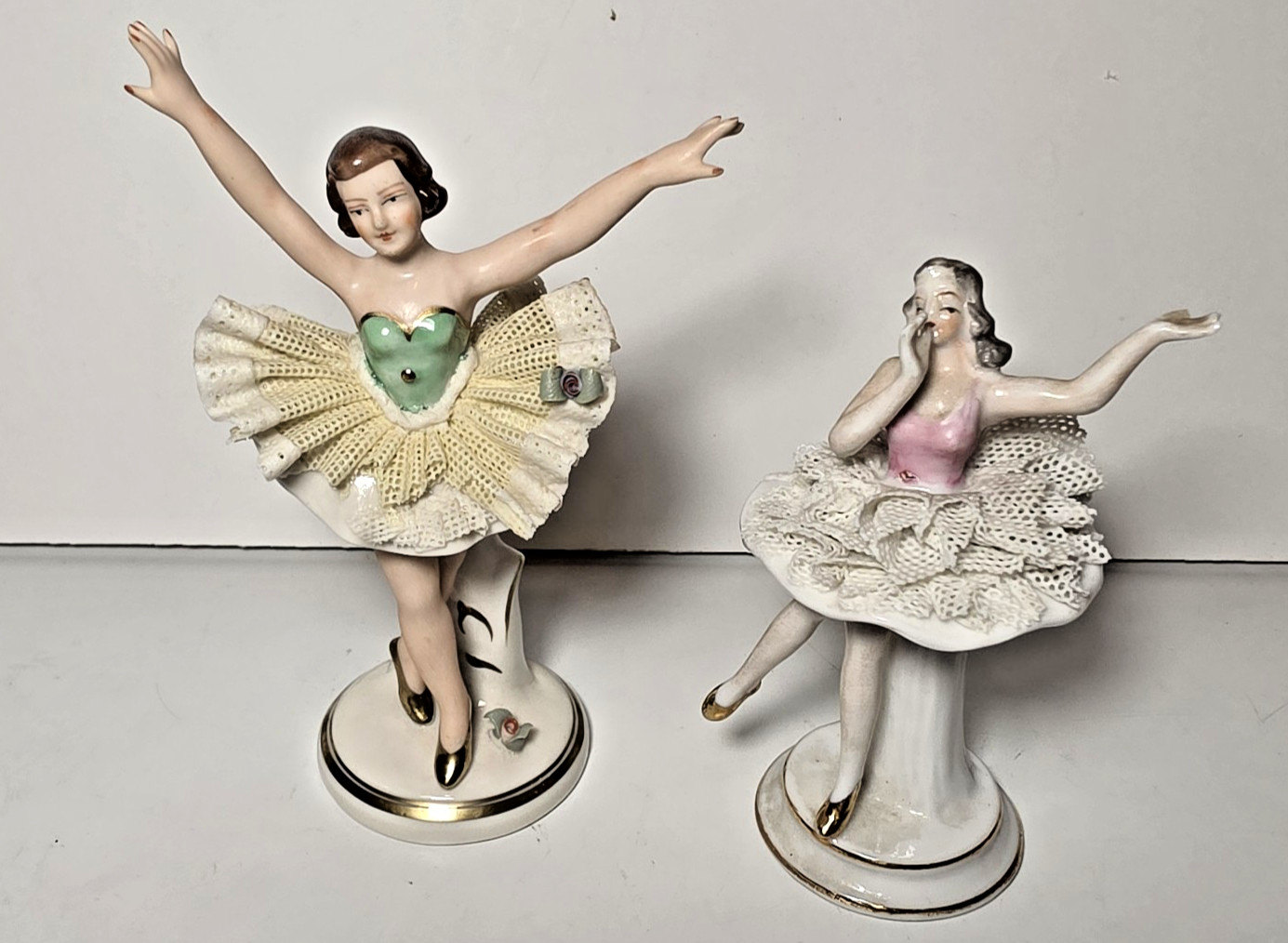 2 Vtg Ballerina Porcelain Dancing Figurines Dresden Style Lace Germany Japan