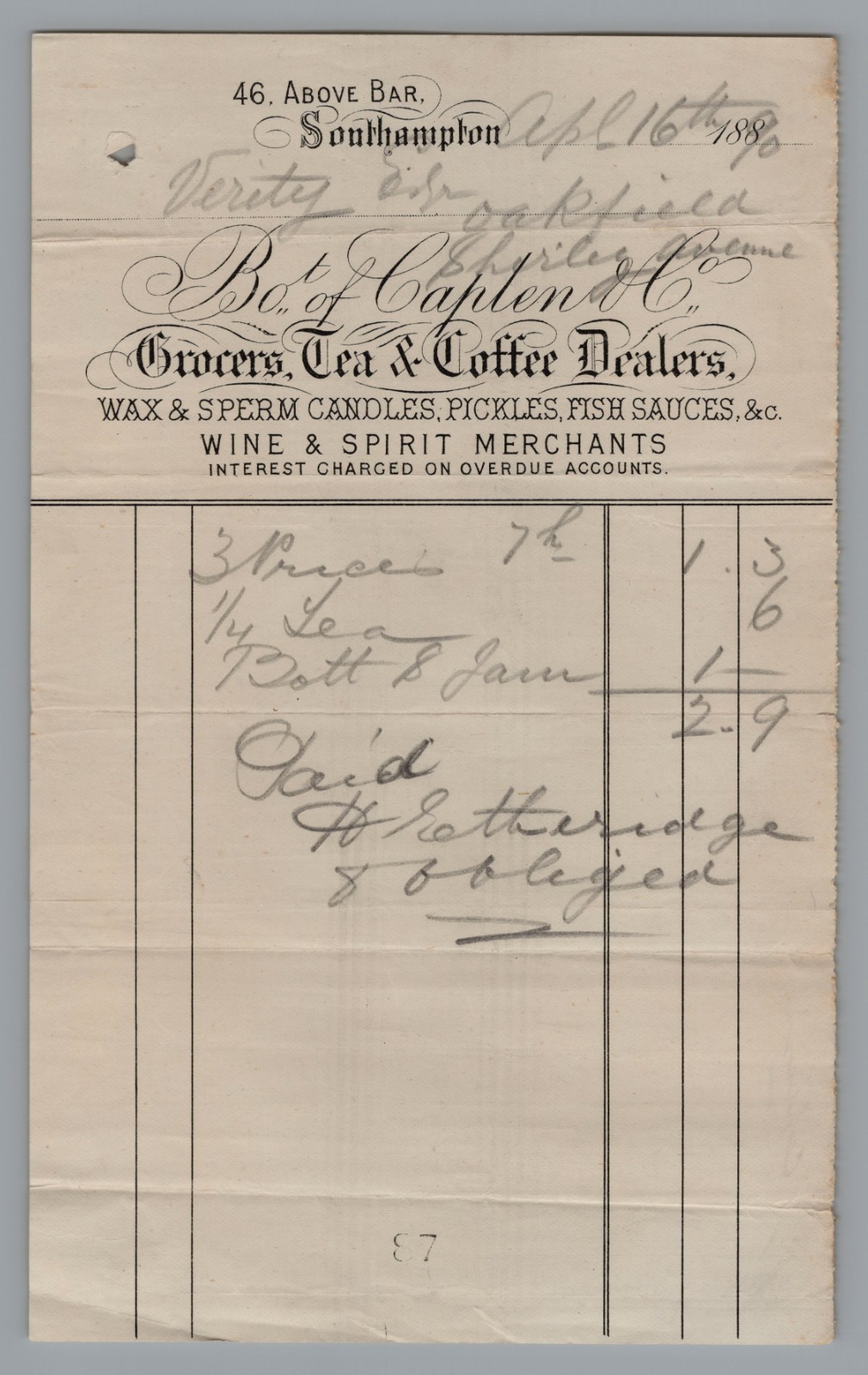 1880s Billhead CAPLEN & CO Grocers / Wax Goods Southampton, Hampshire - Scarce 1880s Billhead CAPLEN & CO Grocers / Wax Goods Southampton, Hampshire - Scarce