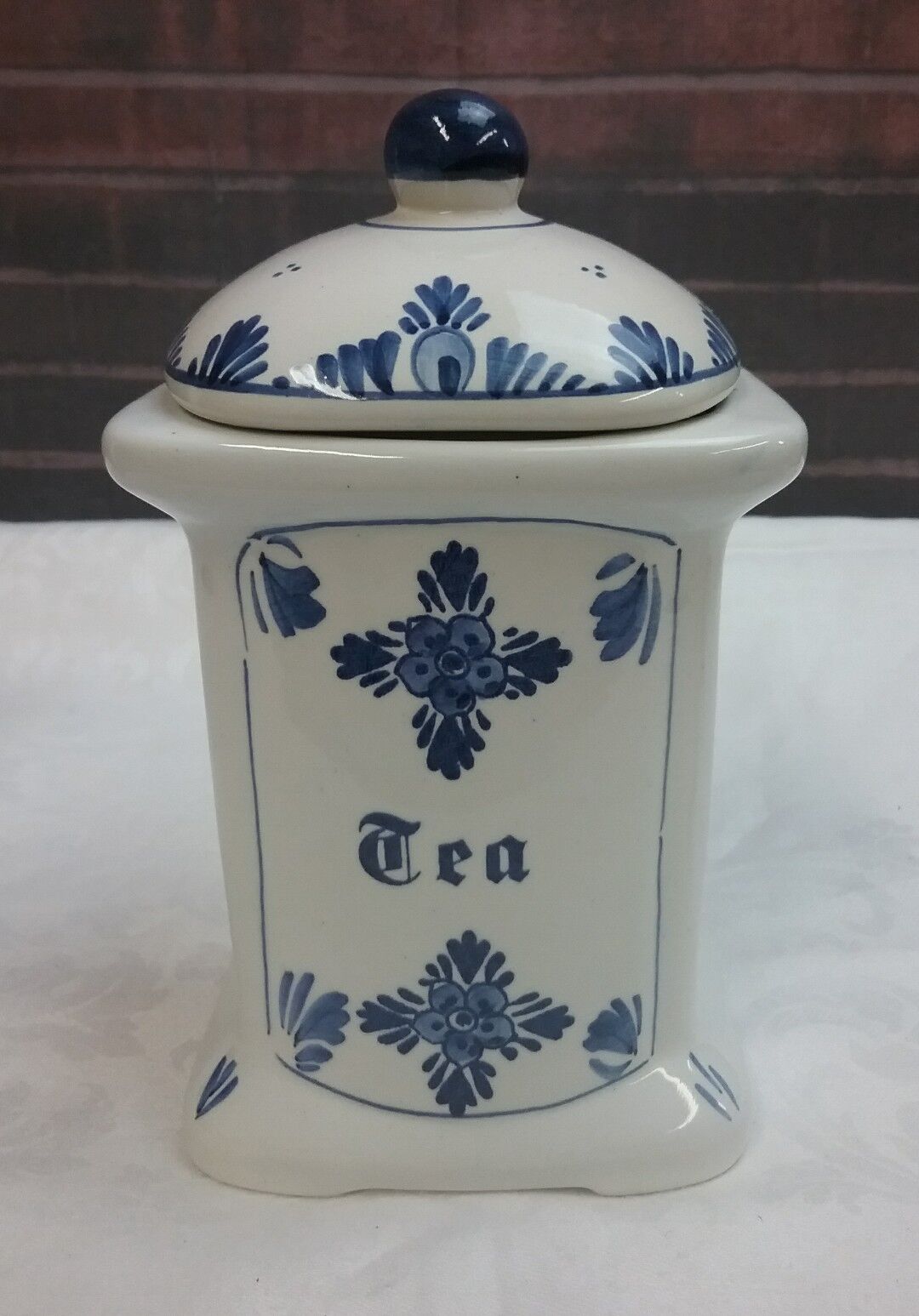 Tea Canister Caddy Ceramic Handpainted Blue & White Floral Design w/Cover SIGNED