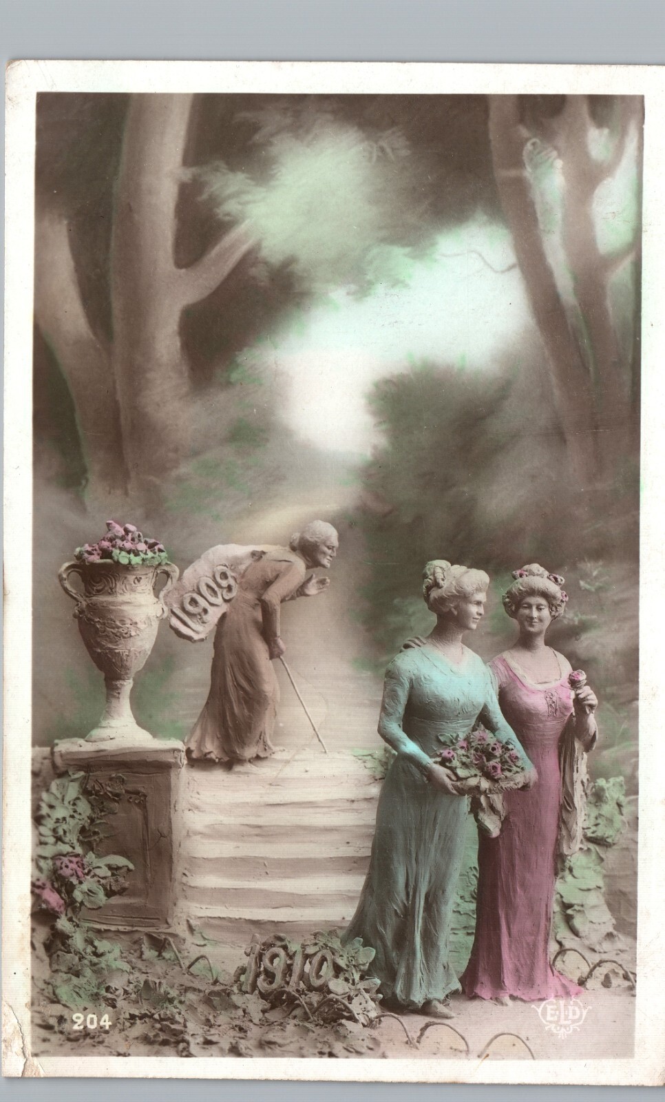SURREAL FANTASY CLAY SCULPTURE RPPC 1908-09 NEW YEARS IMAGE postcard artist
