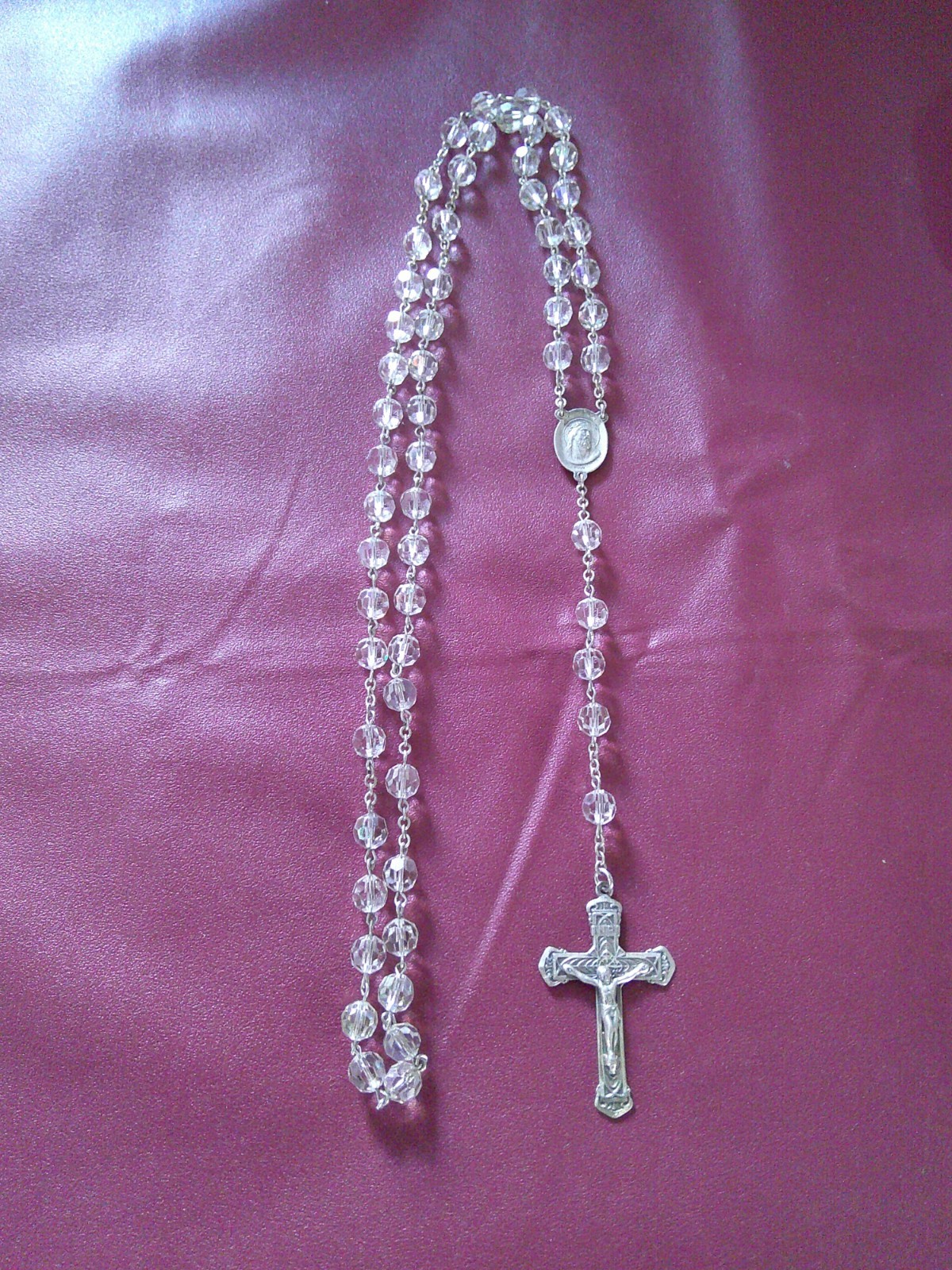 Vtg Sterling Silver Rosary Aurora Borealis AB Crystal Bead Crucifix Cross 19\