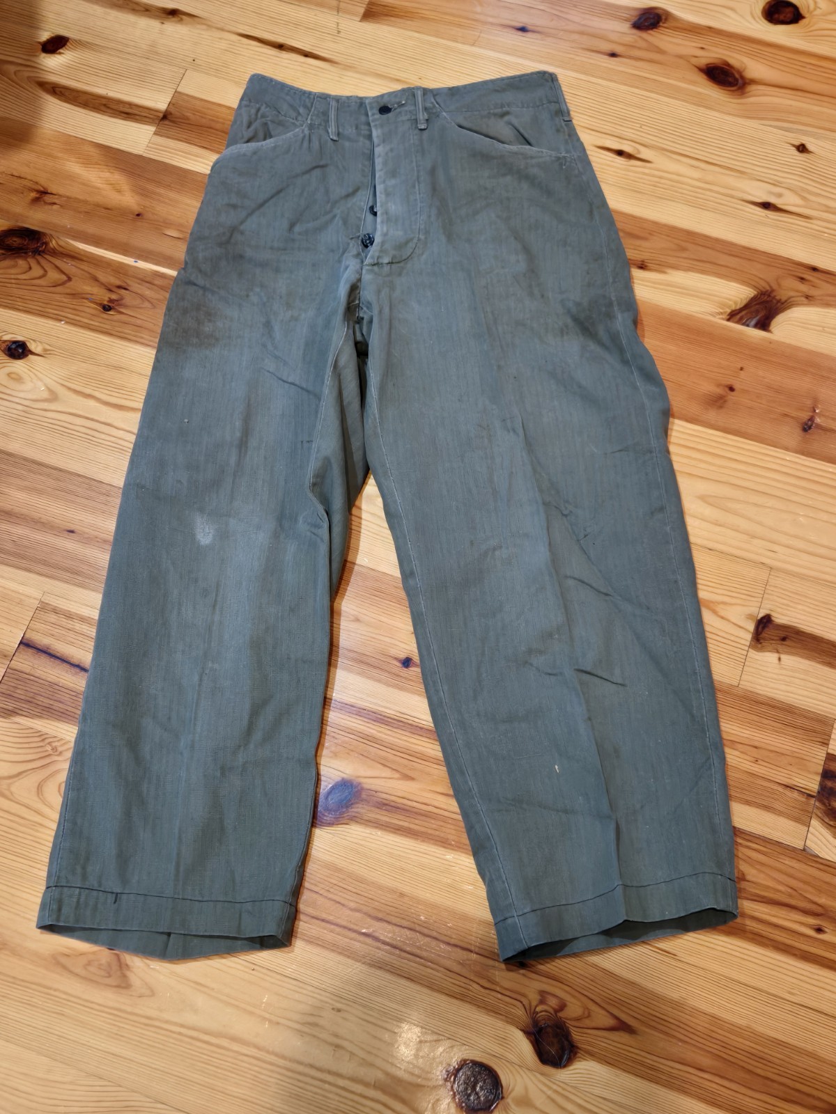 Vintage 40s HBT US Buttonfly Green Field Trousers / Pants Mens Military 27 X 26