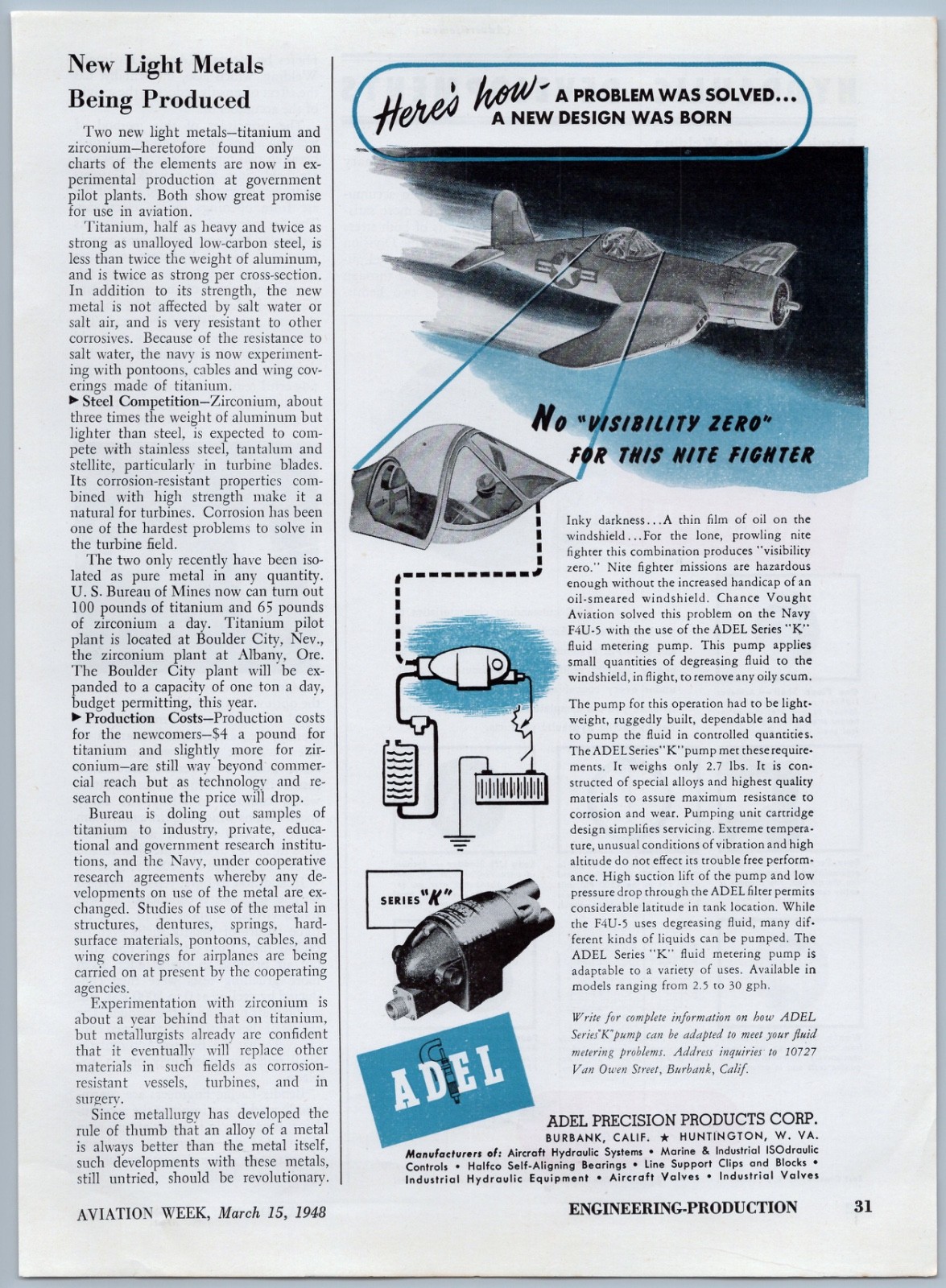 1948 Adel Precision Products Vintage Aviation Ad Chance Vaught F4U-5 Fighter