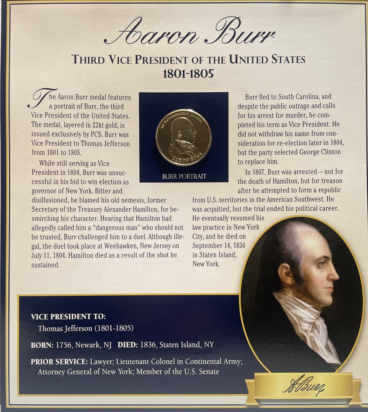 3rd Vice President Aaron Burr Historic Memorabilia (Coin and Two Stamps)
