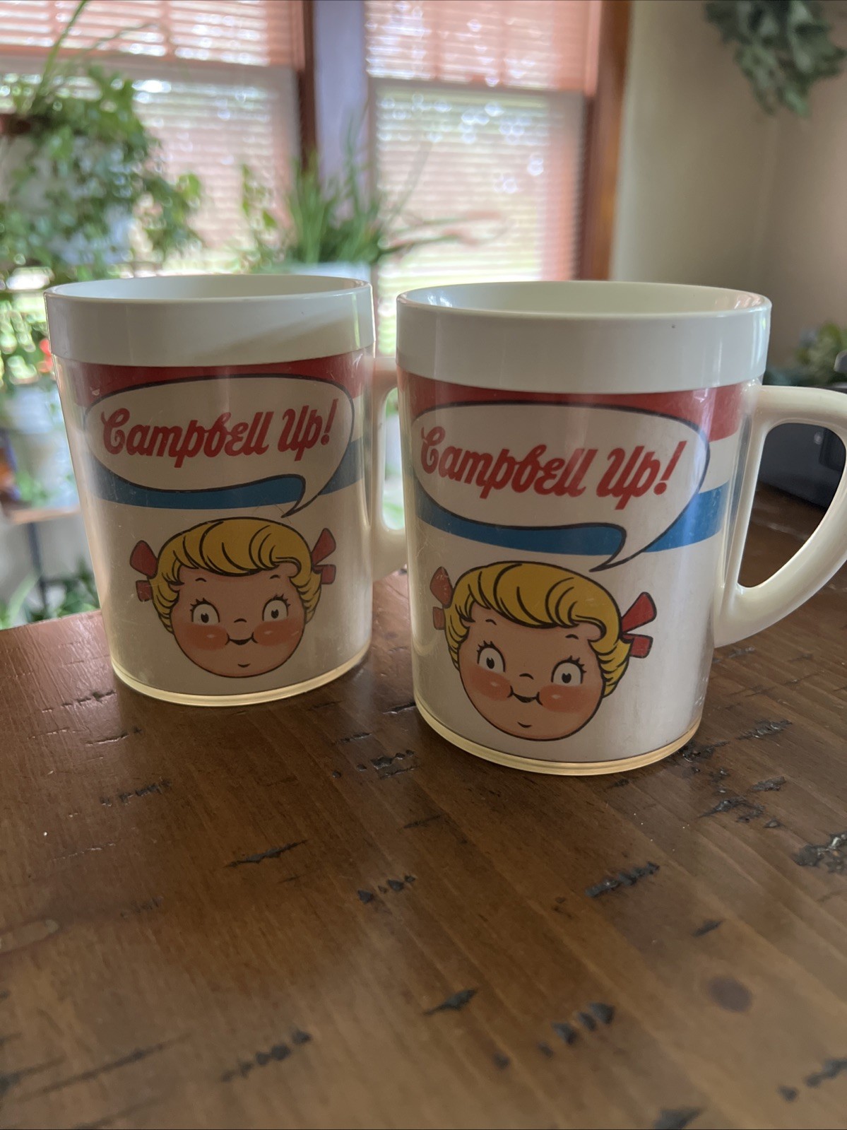 2 Campbell Up Mug 1970 USA Chubby Kids West Bend Thermo Serv Inc Plastic 2 Campbell Up Mug 1970 USA Chubby Kids West Bend Thermo Serv Inc Plastic